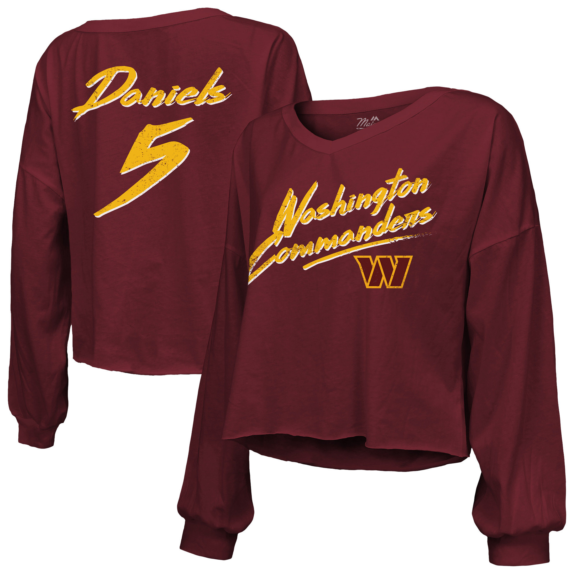Women's Majestic Threads Jayden Daniels Burgundy Washington Commanders Name & Number Off-Shoulder Script Cropped Long Sleeve Relaxed V-Neck T-Shirt