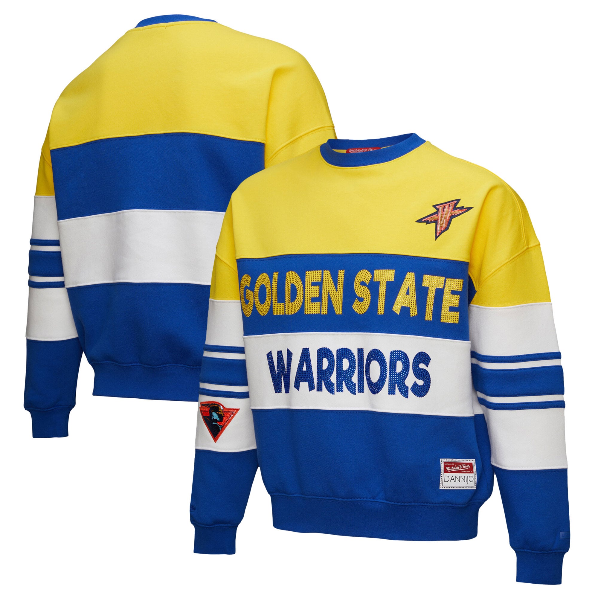 Women's Mitchell & Ness x DANNIJO  Gold/Royal Golden State Warriors  Blocked Pullover Sweatshirt