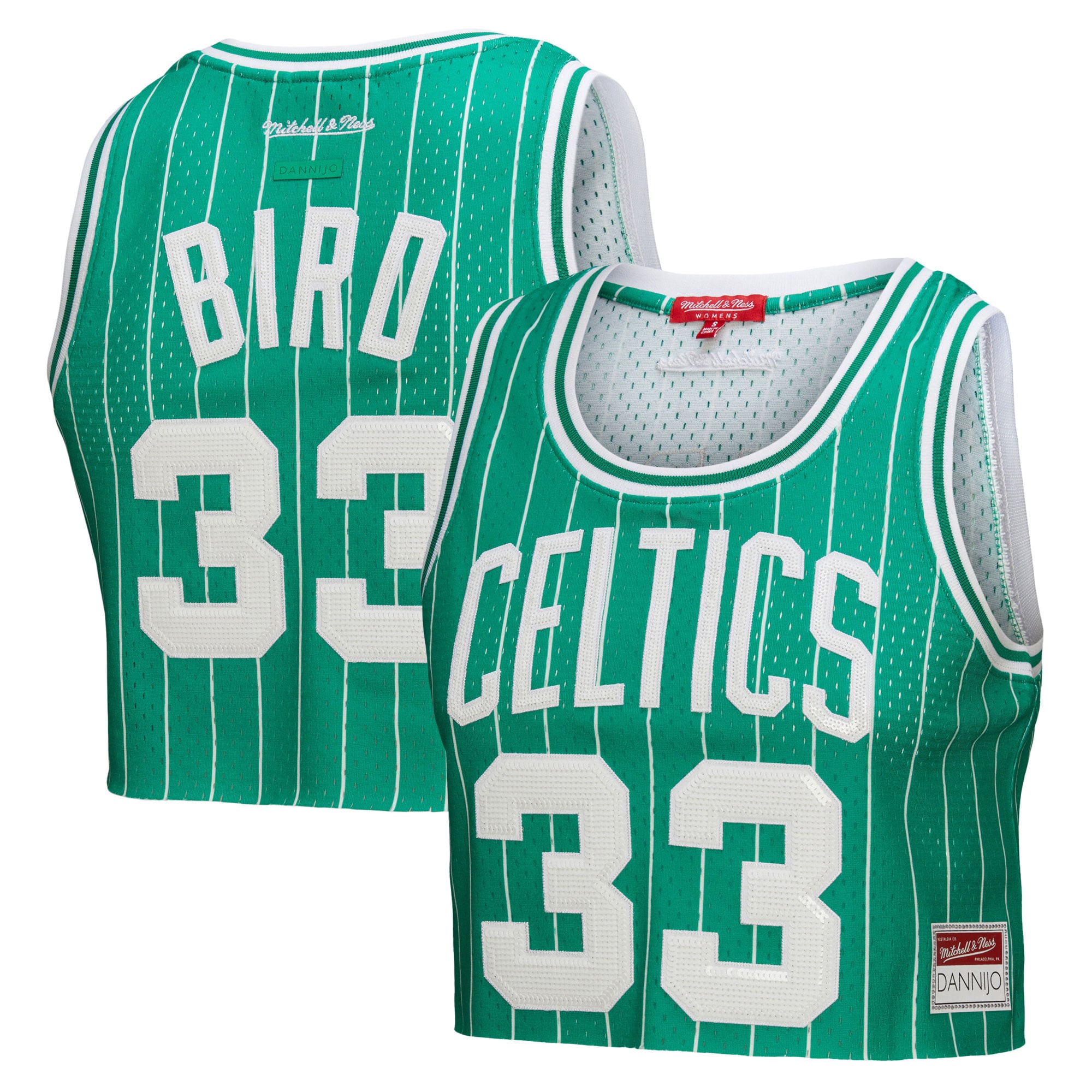 Women's Mitchell & Ness x DANNIJO Larry Bird Kelly Green Boston Celtics Fashion Cropped Basketball Jersey