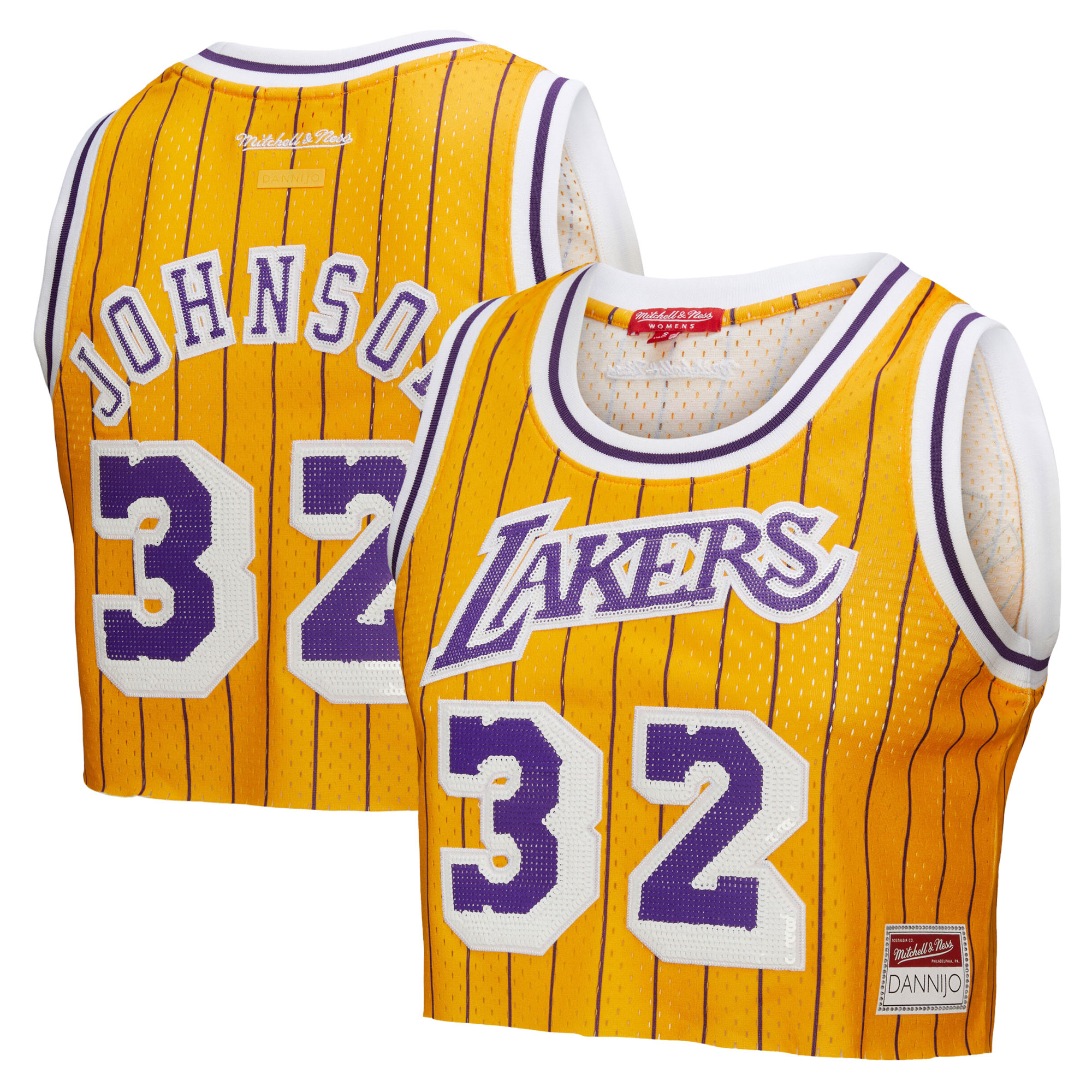 Women's Mitchell & Ness x DANNIJO Magic Johnson Yellow Los Angeles Lakers Fashion Cropped Basketball Jersey