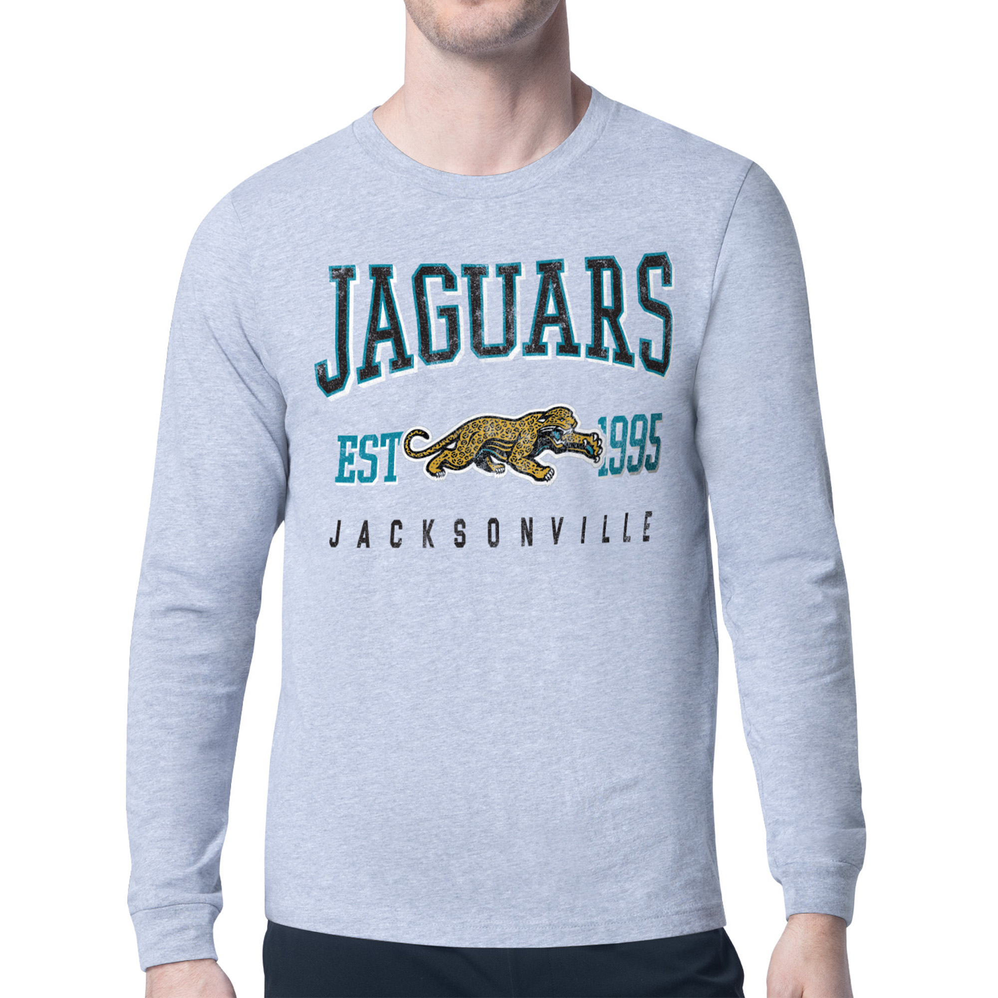 Men's Starter Heather Gray Jacksonville Jaguars Retro Team Logo Long Sleeve T-Shirt