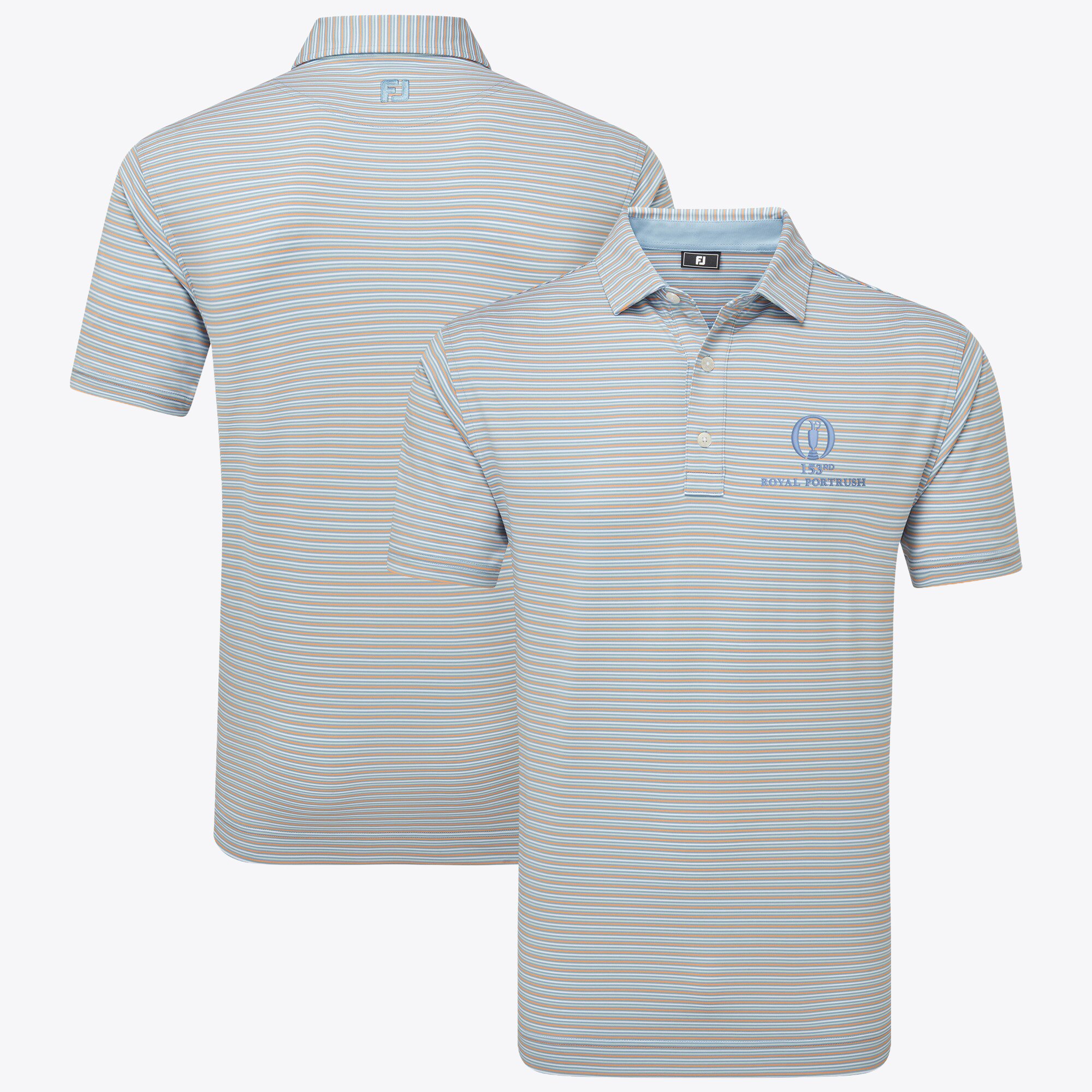Polo The 153rd Open Royal Portrush FootJoy Balance Stripe - Blu/Arancia