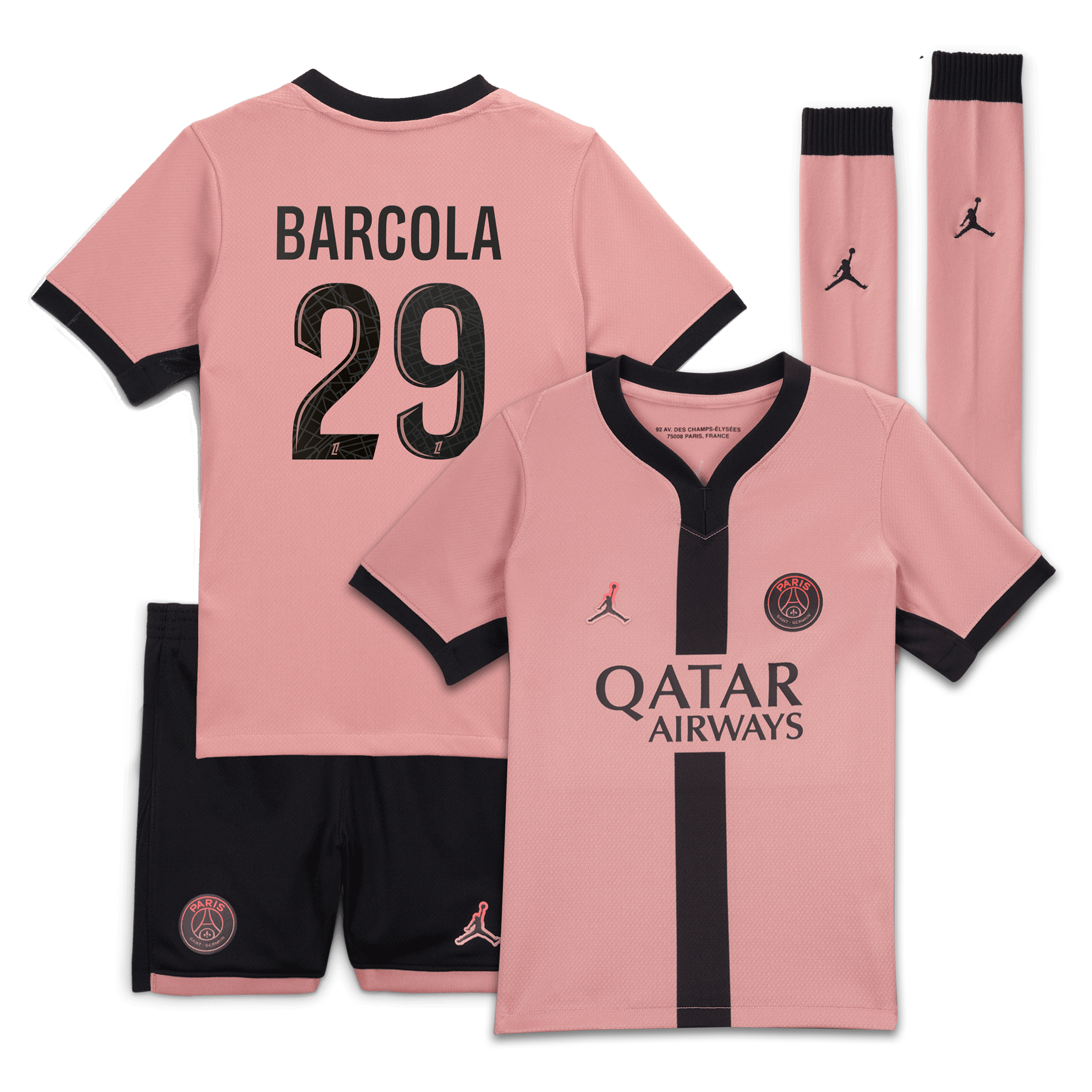 PSG Jordan Third Stadium Mini Kit 2024-25 - Little Kids with Barcola 29 printing