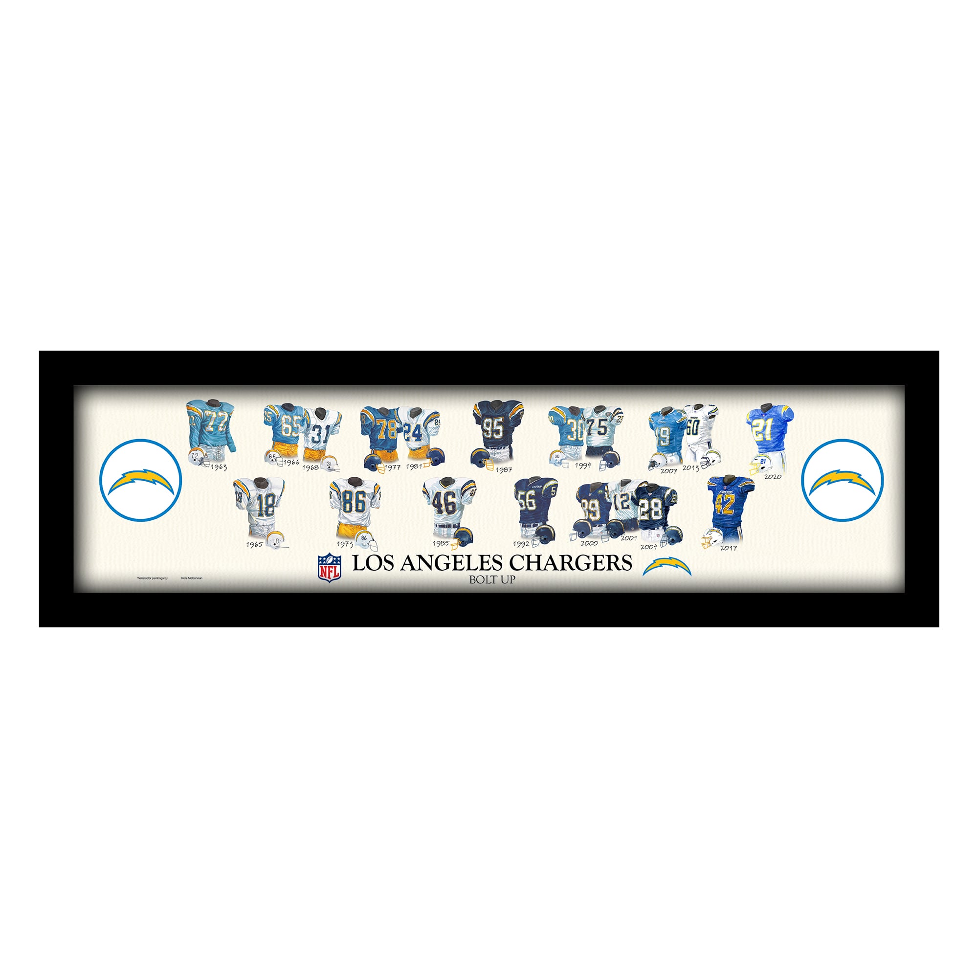 Los Angeles Chargers 12″ x 36″ Team Uniform Heritage Framed Wall Art Los Angeles Chargers 12″ x 36″ Team Uniform Heritage Framed Wall Art