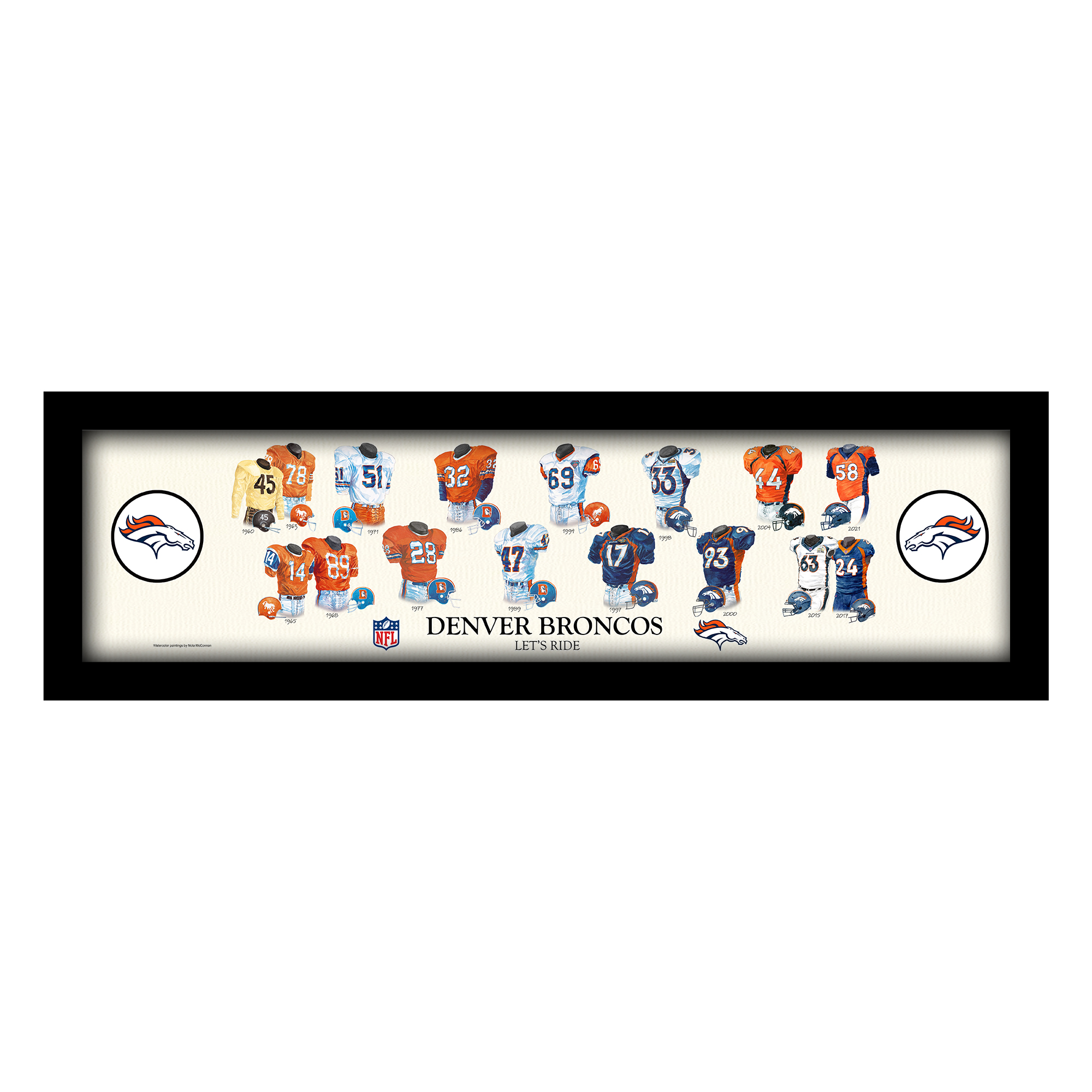 Denver Broncos 12″ x 36″ Team Uniform Heritage Framed Wall Art Denver Broncos 12″ x 36″ Team Uniform Heritage Framed Wall Art