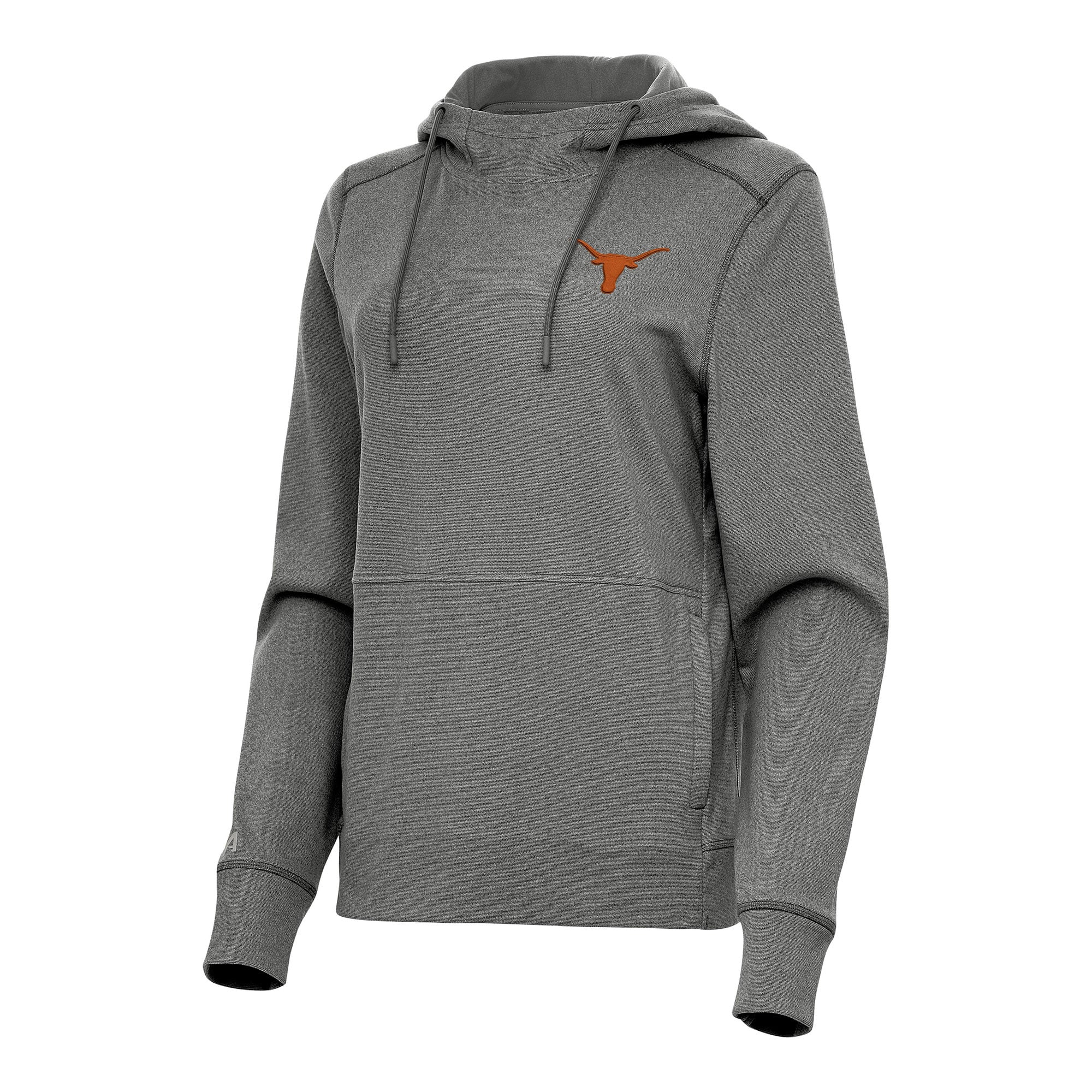 Women's Antigua Heather Charcoal Texas Longhorns Justice Pullover Hoodie