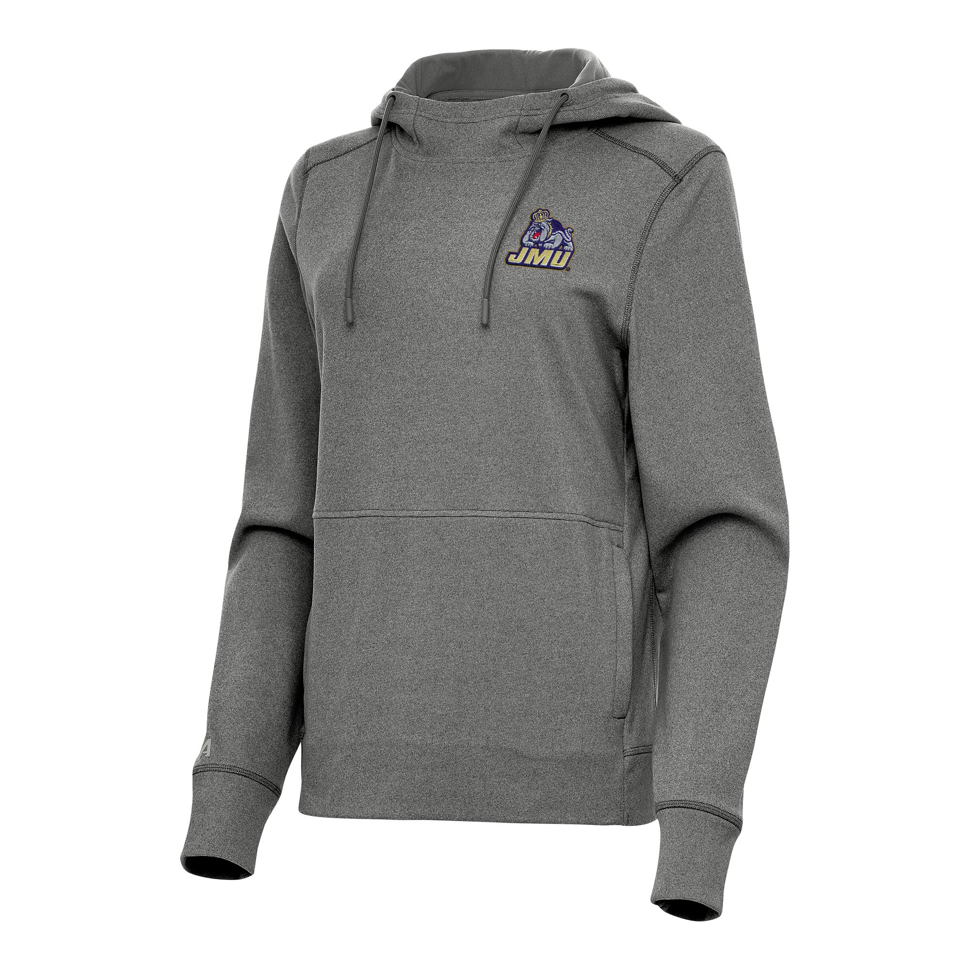 Women's Antigua Heather Black James Madison Dukes Justice Pullover Hoodie