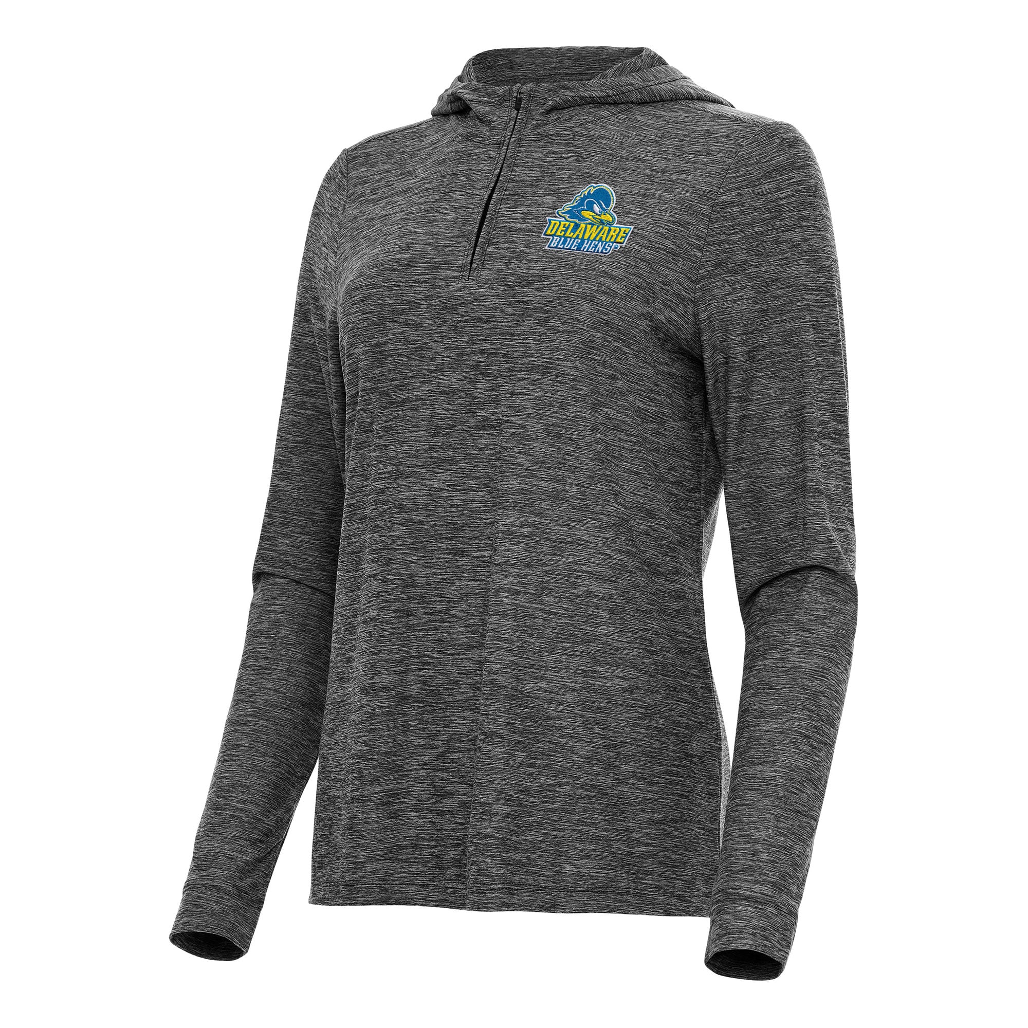 Women's Antigua  Heather Black Delaware Fightin' Blue Hens Daybreak Quarter-Zip Hoodie