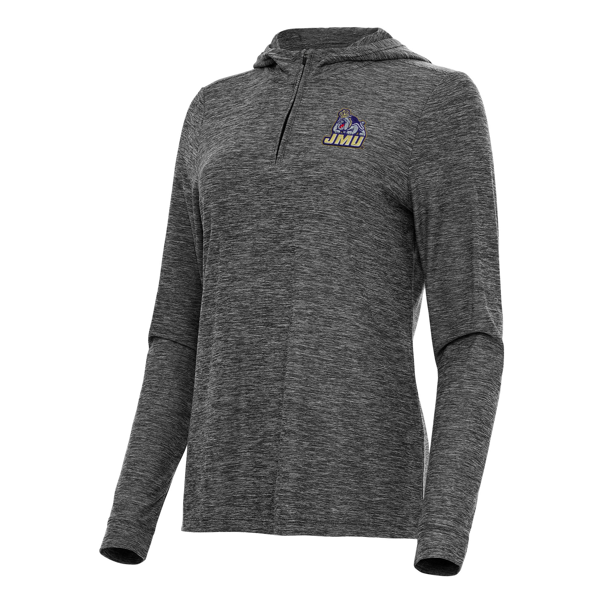 Women's Antigua  Heather Black James Madison Dukes Daybreak Quarter-Zip Hoodie