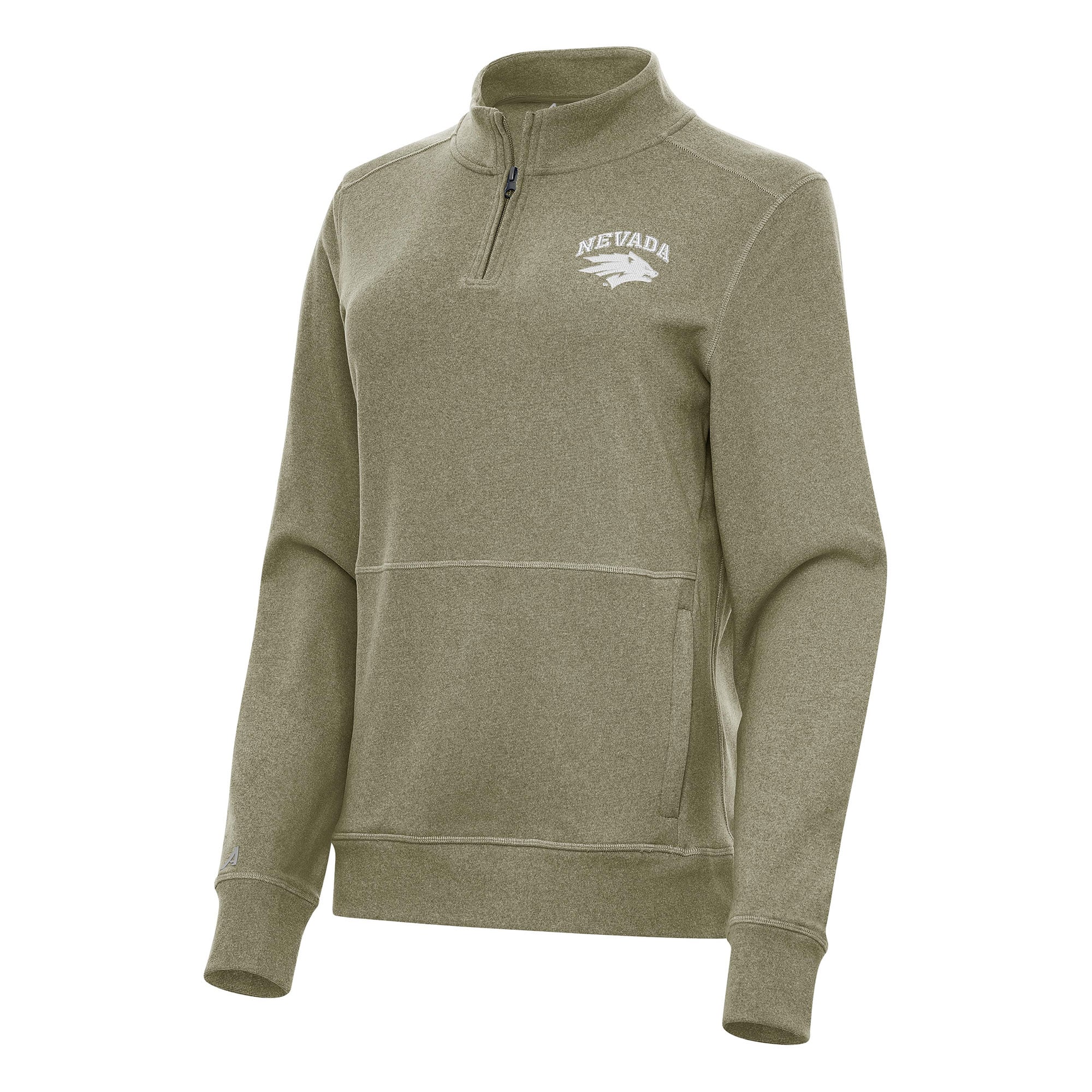 Women's Antigua Heather Olive Nevada Wolf Pack Crush Quarter-Zip Fleece Sweatshirt