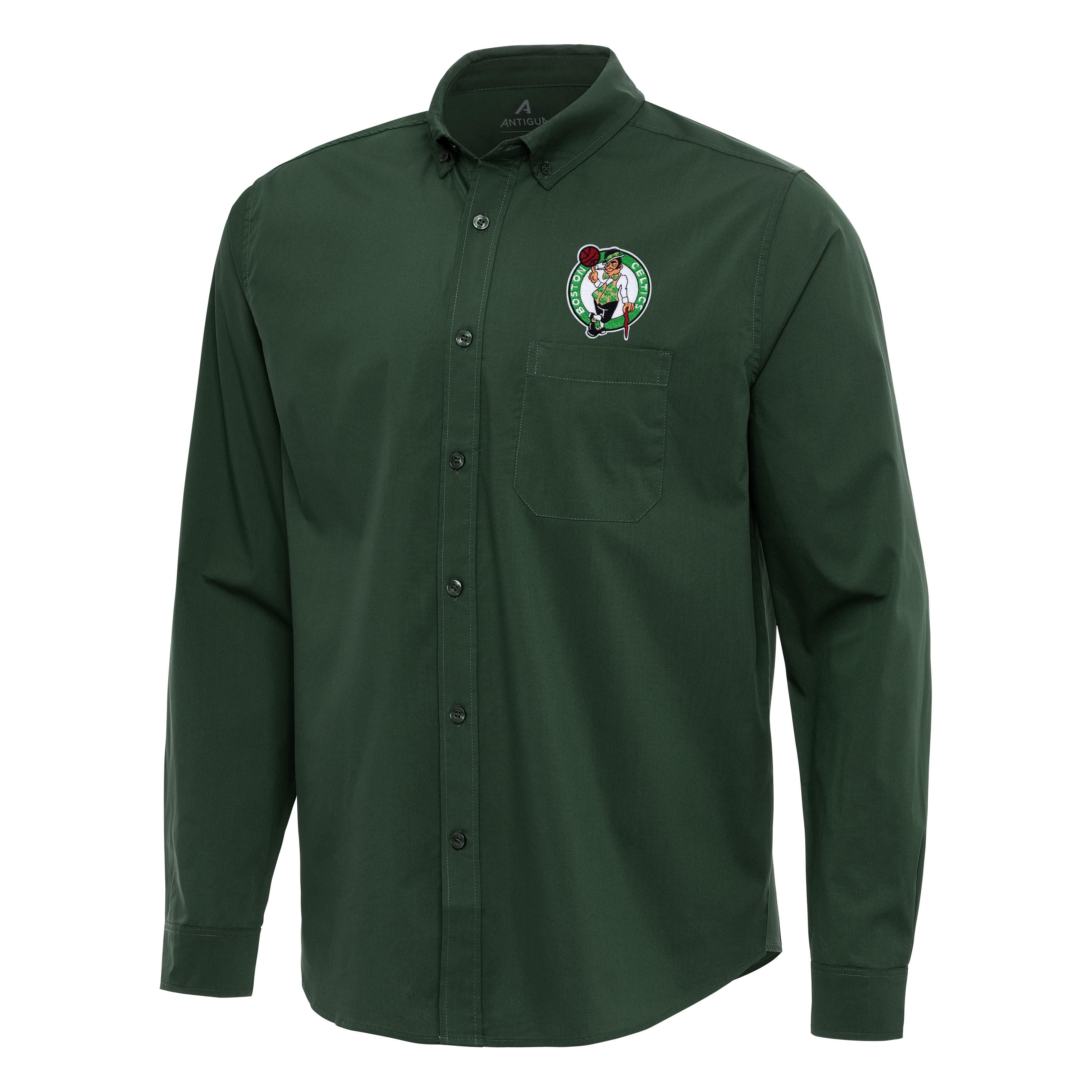 Men's Antigua Hunter Green Boston Celtics Flight Woven Tri-Blend Long Sleeve Button-Down Shirt