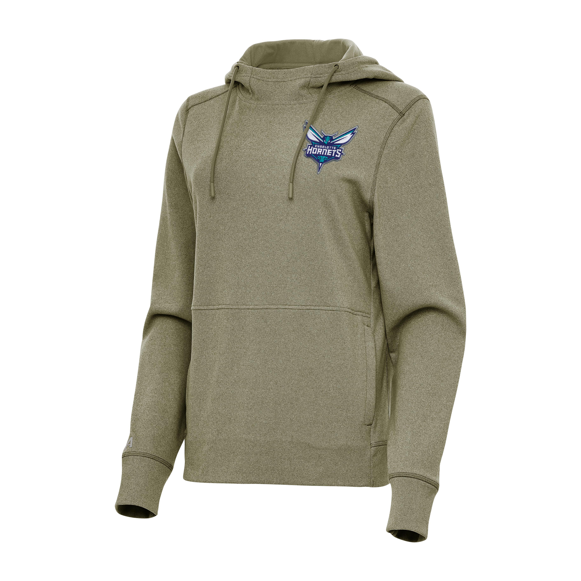 Women's Antigua Heather Olive Charlotte Hornets Justice Pullover Hoodie