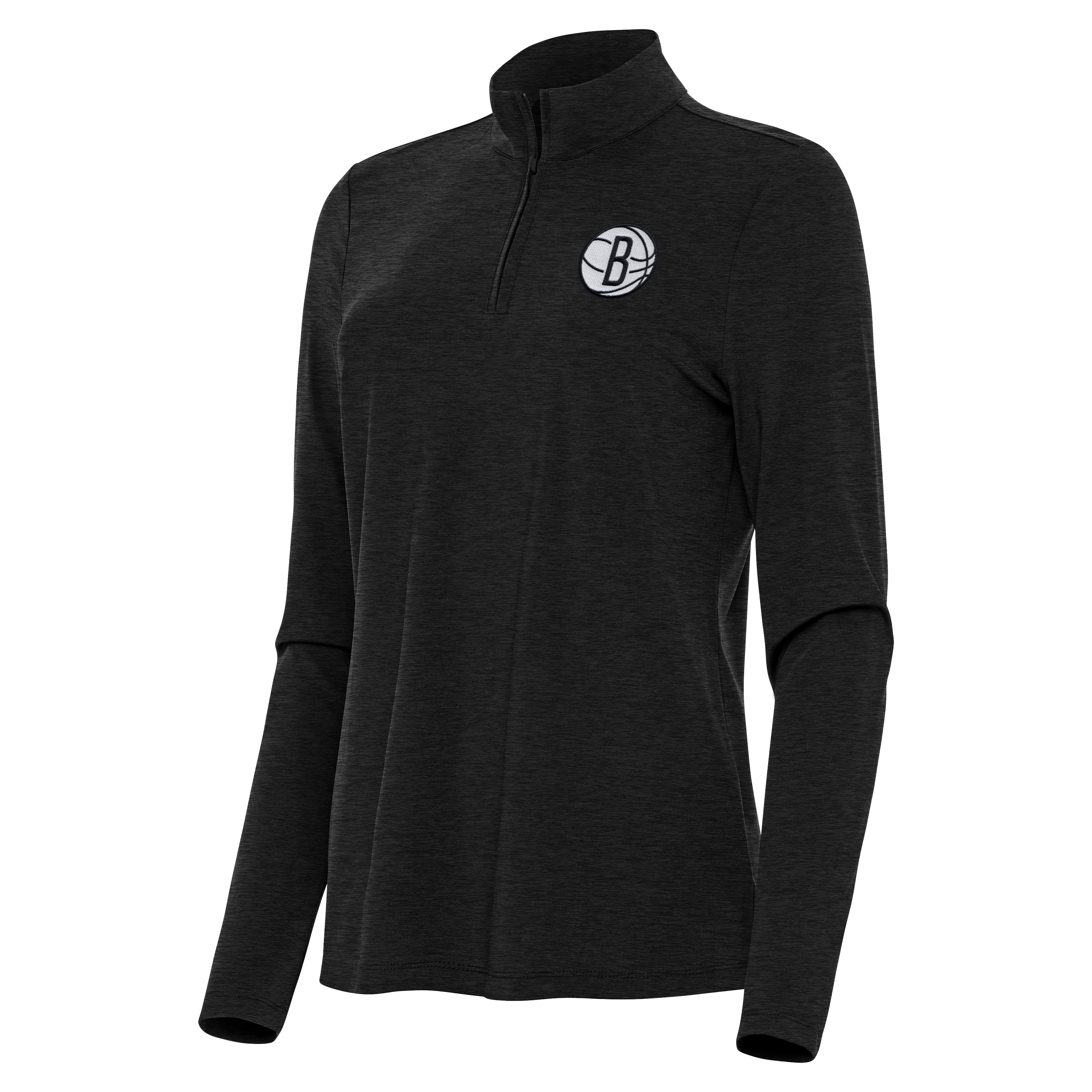 Women's Antigua Heather Black Brooklyn Nets Bright Quarter-Zip Top