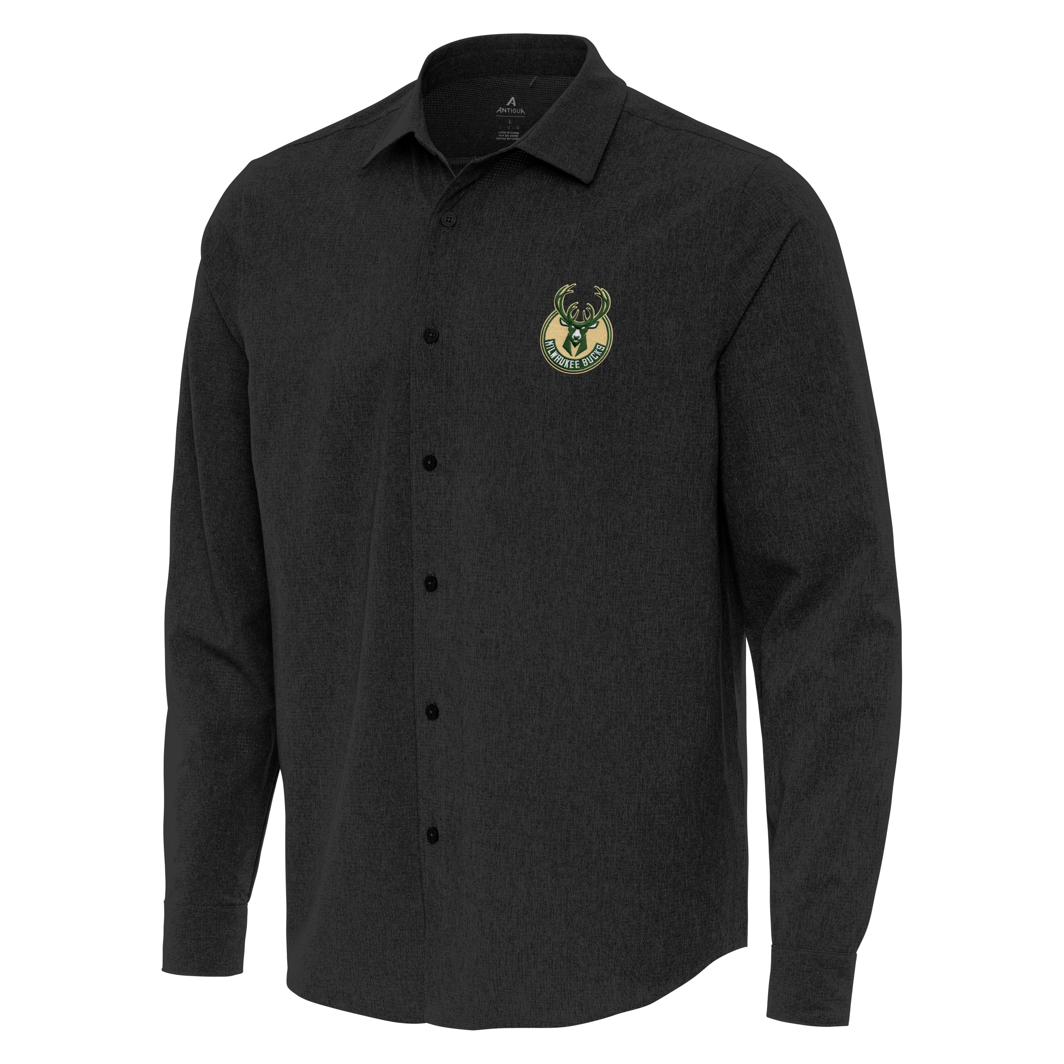 Men's Antigua Black Milwaukee Bucks Exposure Woven Long Sleeve Button-Up Shirt