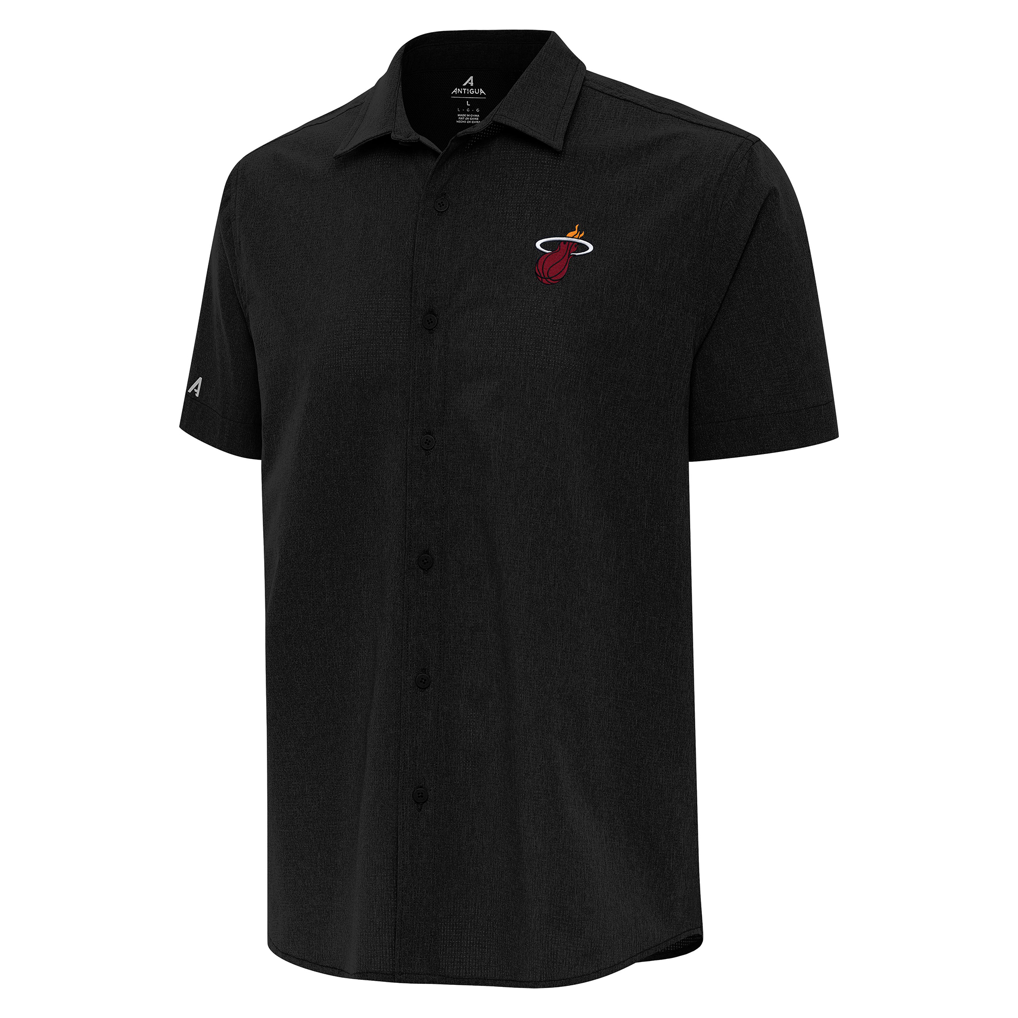 Men's Antigua Black Miami Heat Activate Woven Short Sleeve Button-Up Shirt