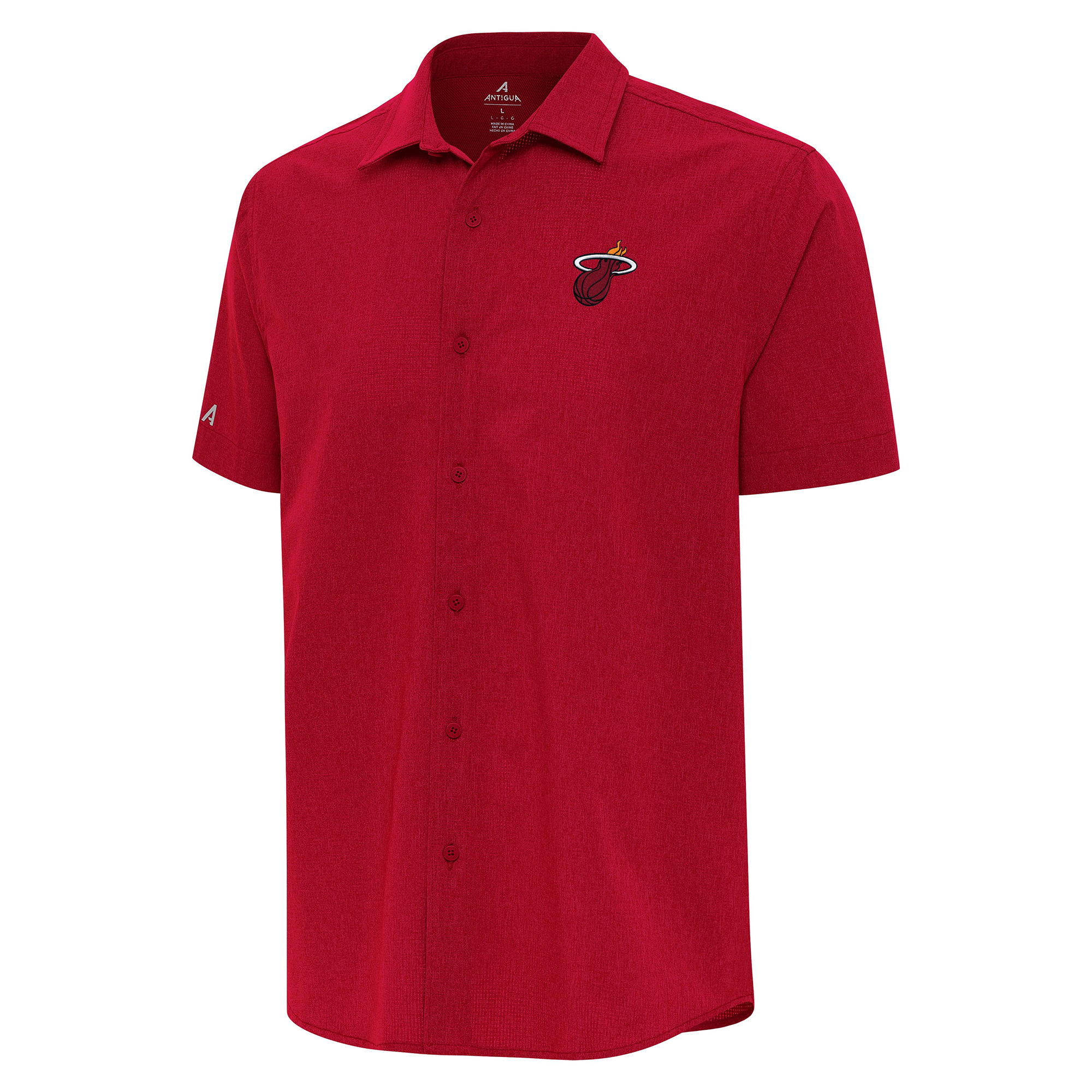 Men's Antigua Red Miami Heat Activate Woven Short Sleeve Button-Up Shirt