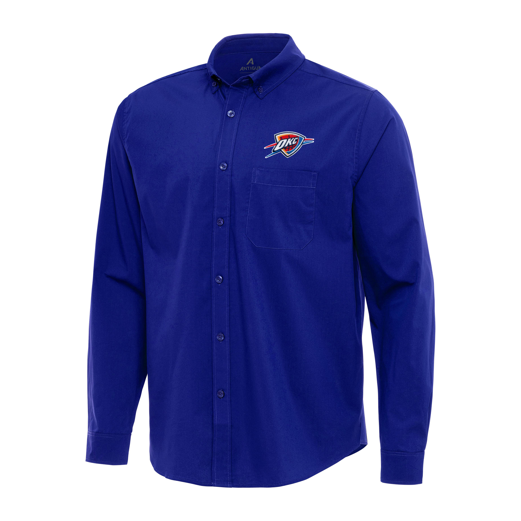 Men's Antigua Royal Oklahoma City Thunder Flight Woven Tri-Blend Long Sleeve Button-Down Shirt