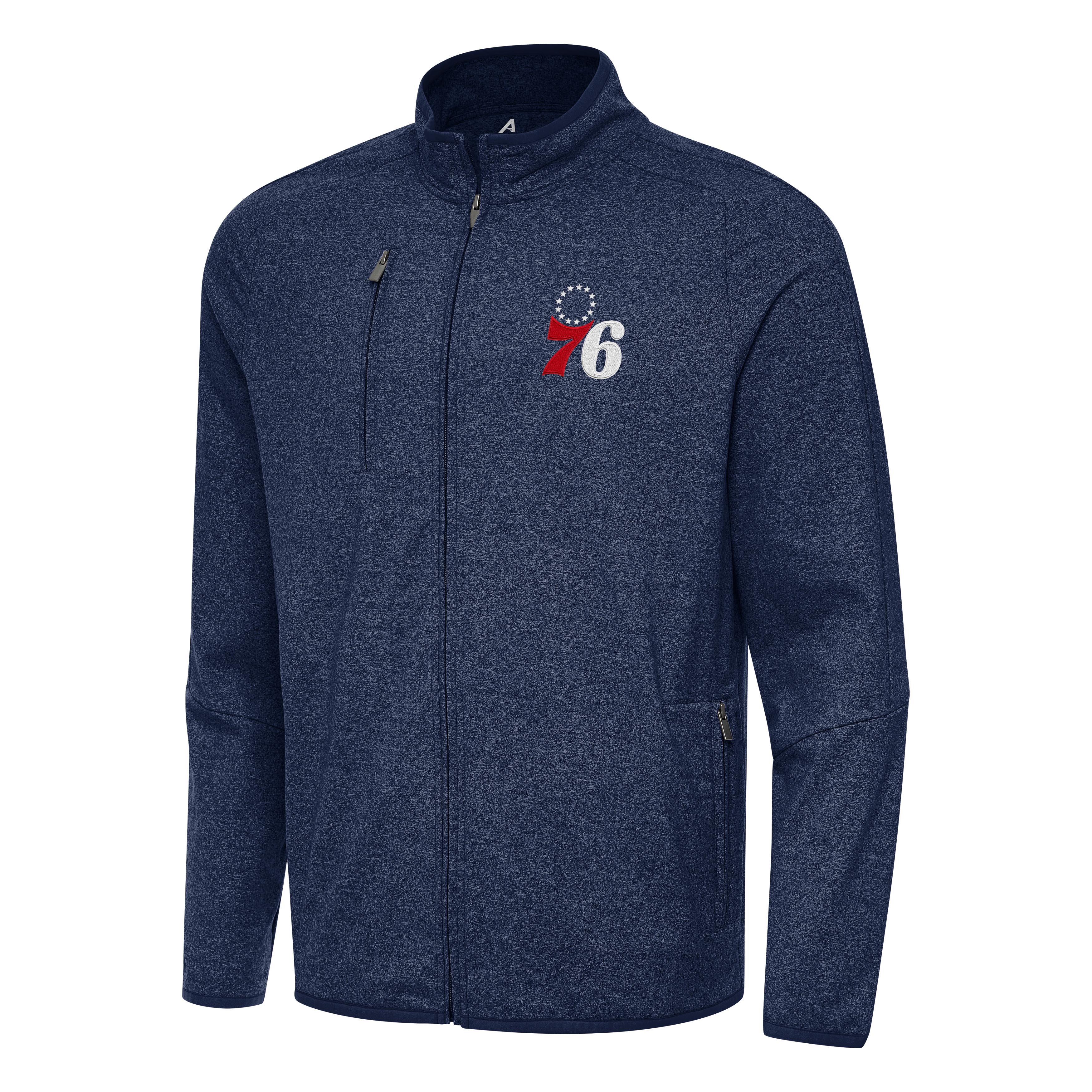 Men's Antigua Heather Navy Philadelphia 76ers Hold-Up Full-Zip Tri-Blend Jacket