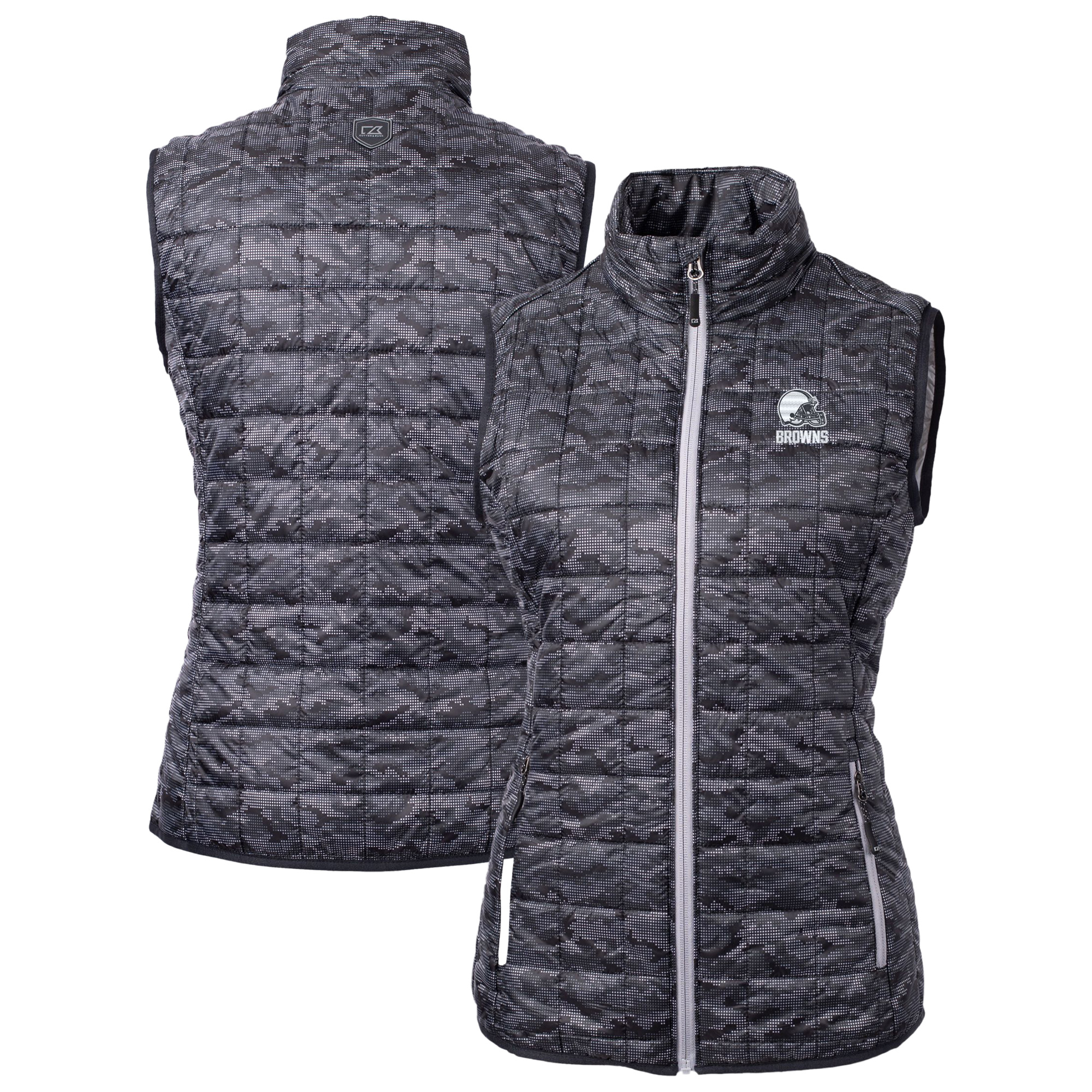 Women's Cutter & Buck Black Cleveland Browns Rainier PrimaLoft® Eco Insulated Full-Zip Printed Puffer Vest