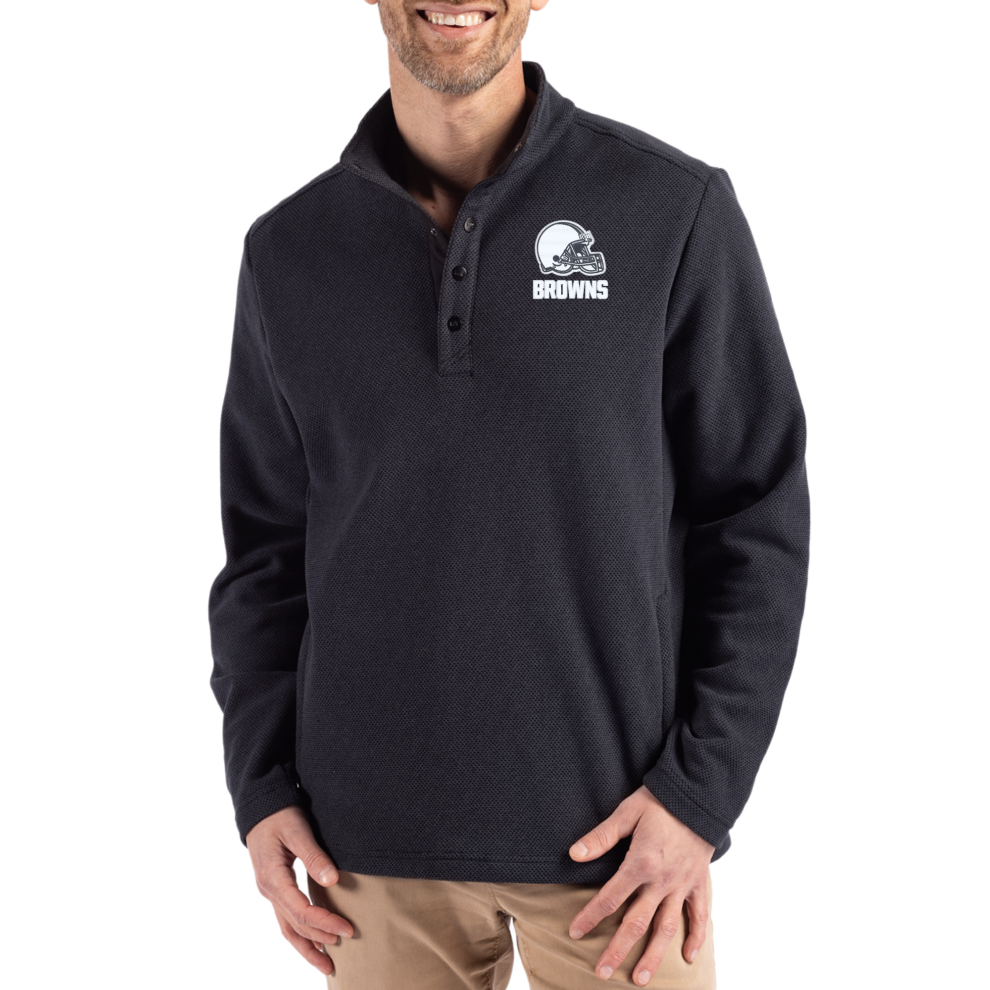 Men's Cutter & Buck Black Cleveland Browns Eco Textured Fleece Recycled Snap Pullover