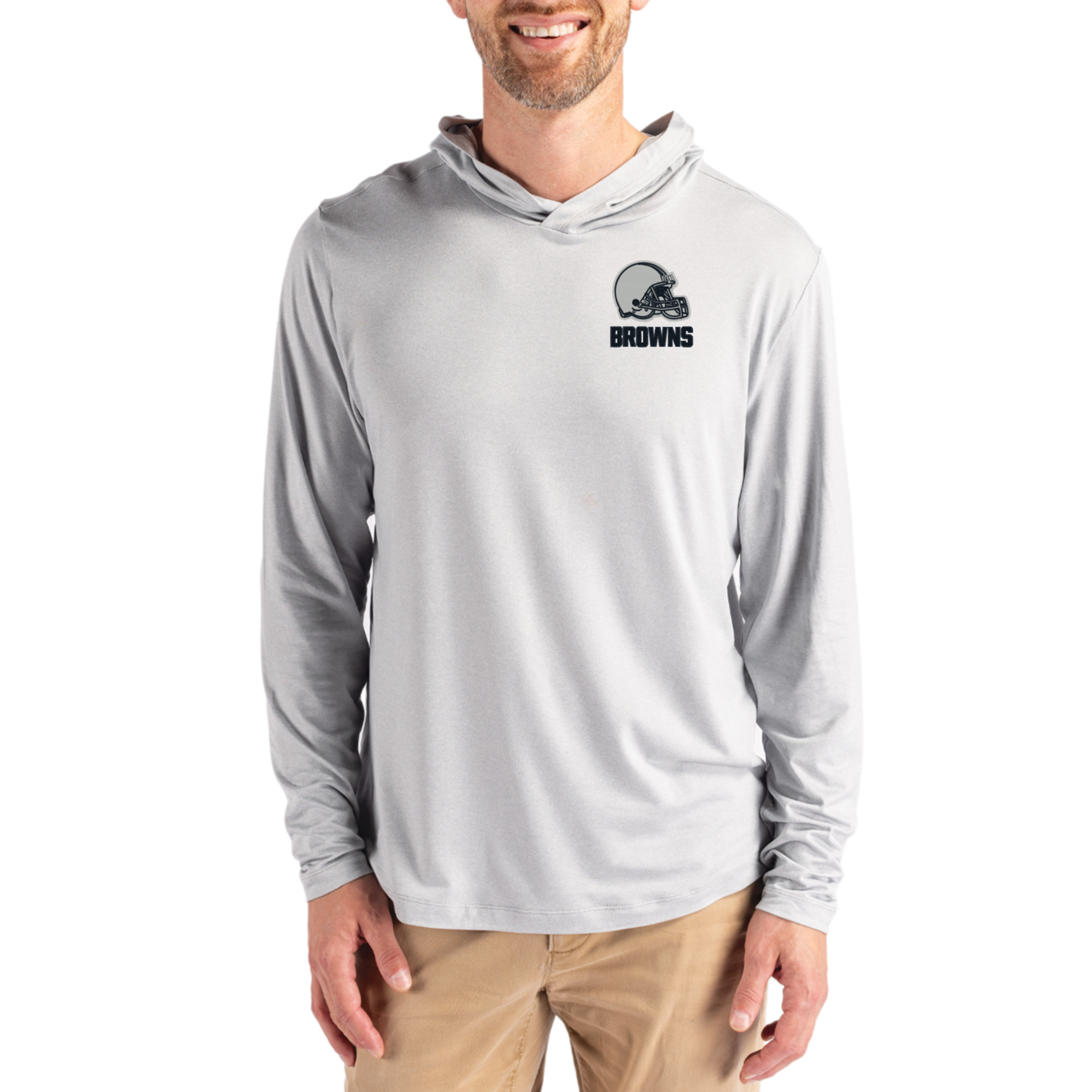 Men's Cutter & Buck Gray Cleveland Browns Coastline Epic Comfort Eco Recycled Long Sleeve Hooded T-Shirt