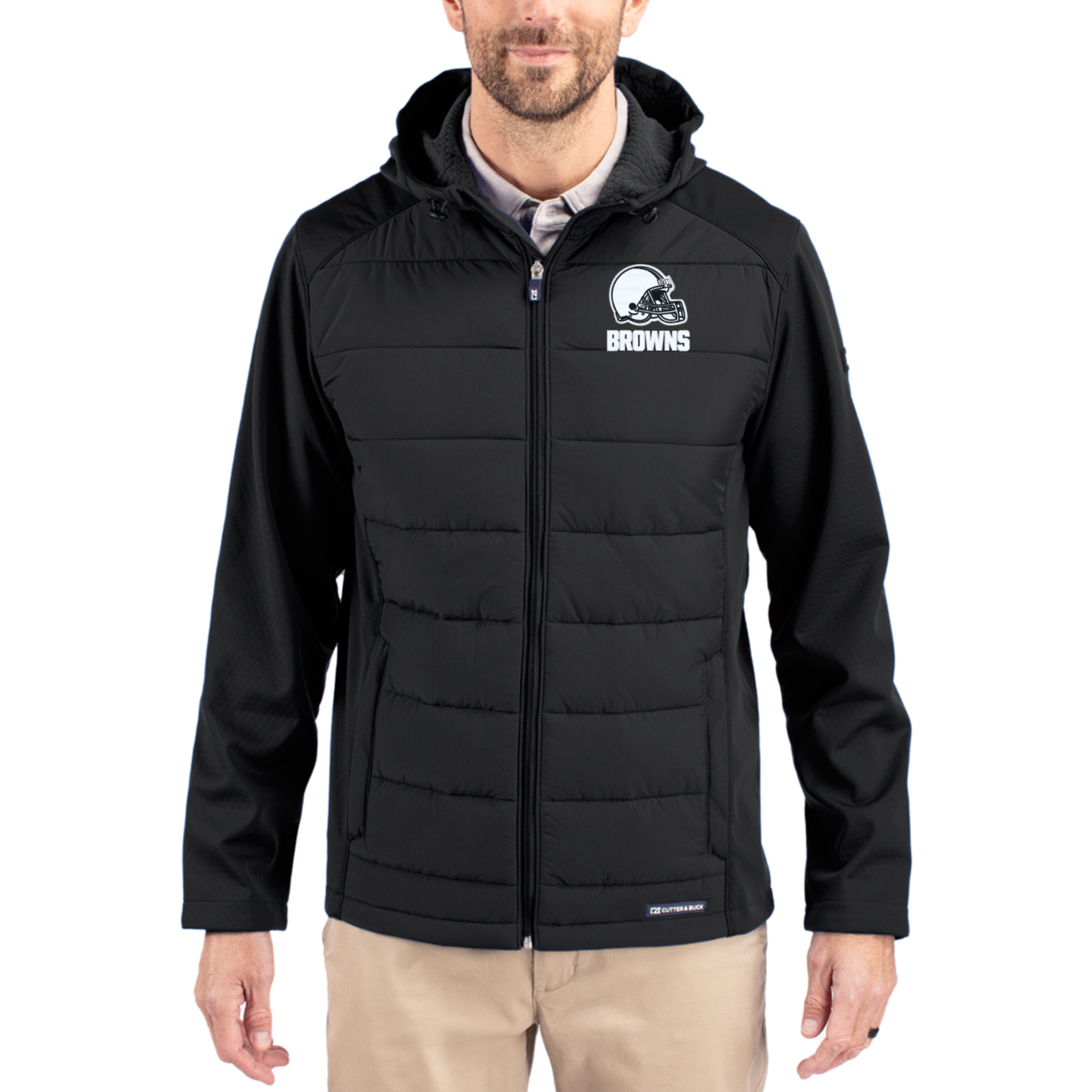 Men's Cutter & Buck Black Cleveland Browns Evoke Hybrid Eco Softshell Recycled Full-Zip Hooded Jacket