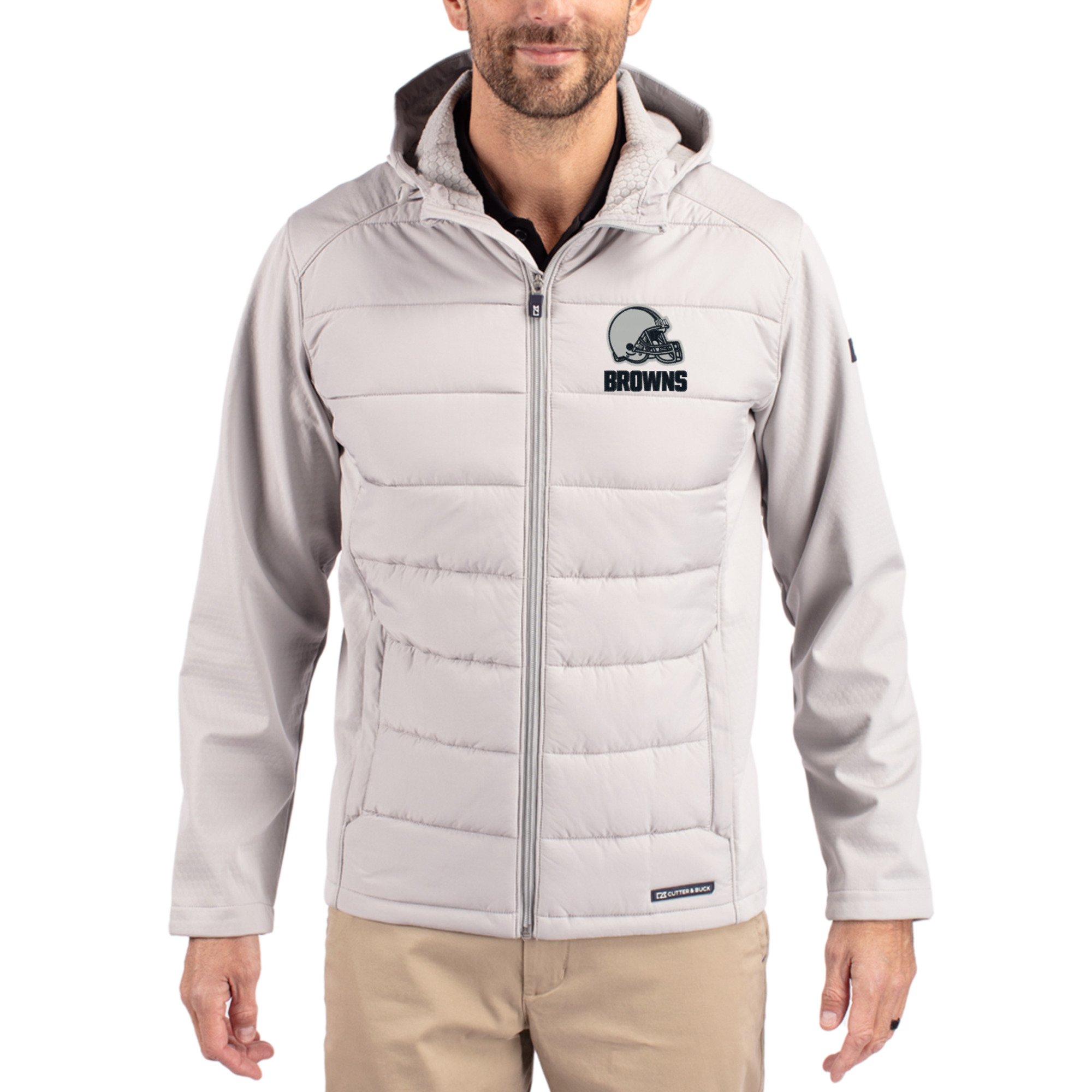 Men's Cutter & Buck  Gray Cleveland Browns Evoke Hybrid Eco Softshell Recycled Full-Zip Hooded Jacket