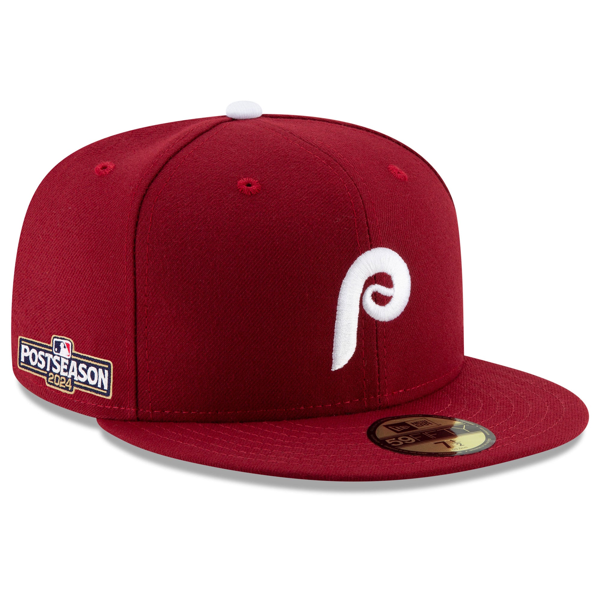 Men's New Era Burgundy Philadelphia Phillies 2024 MLB Postseason Side Patch 59FIFTY Fitted Hat: retailer-supplied image