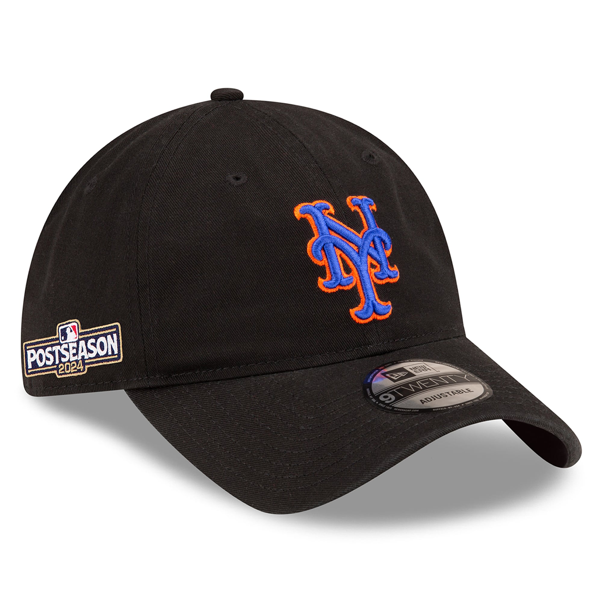 Men's New Era Black New York Mets 2024 MLB Postseason Side Patch 9TWENTY Adjustable Hat: retailer-supplied image