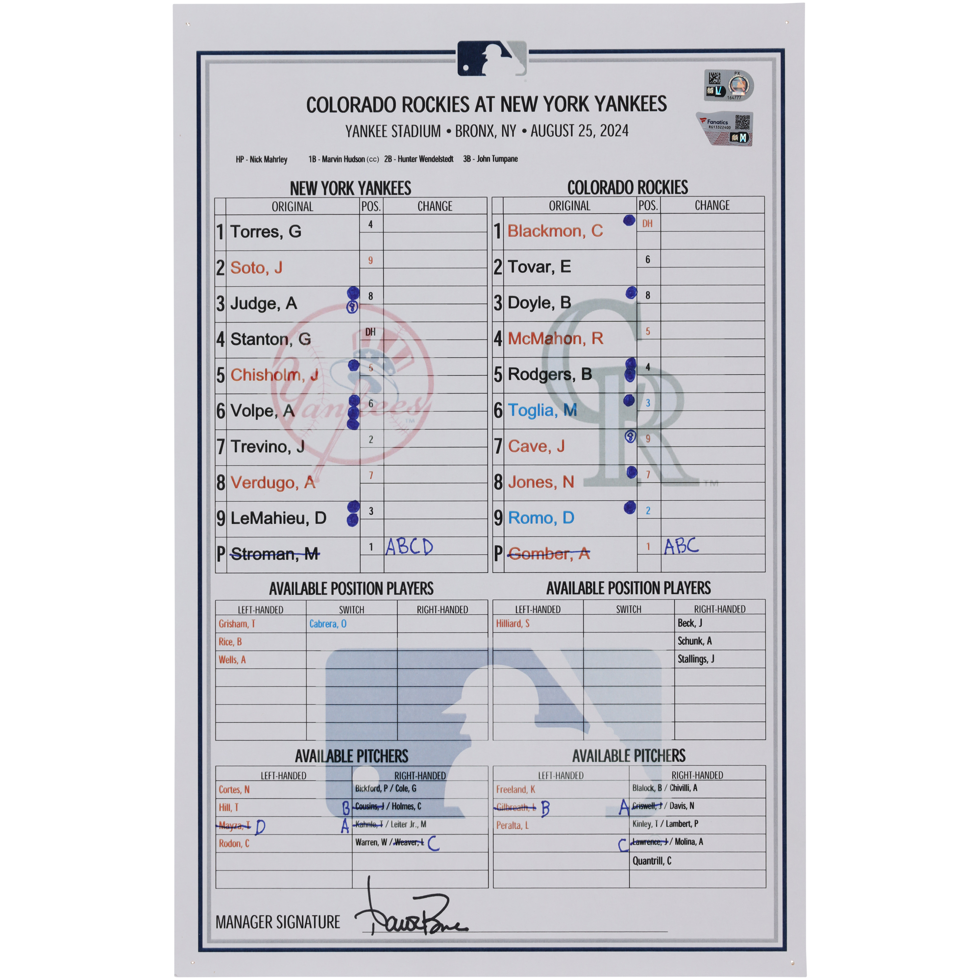 New York Yankees Game-Used Lineup Card vs. Colorado Rockies on August 25, 2024