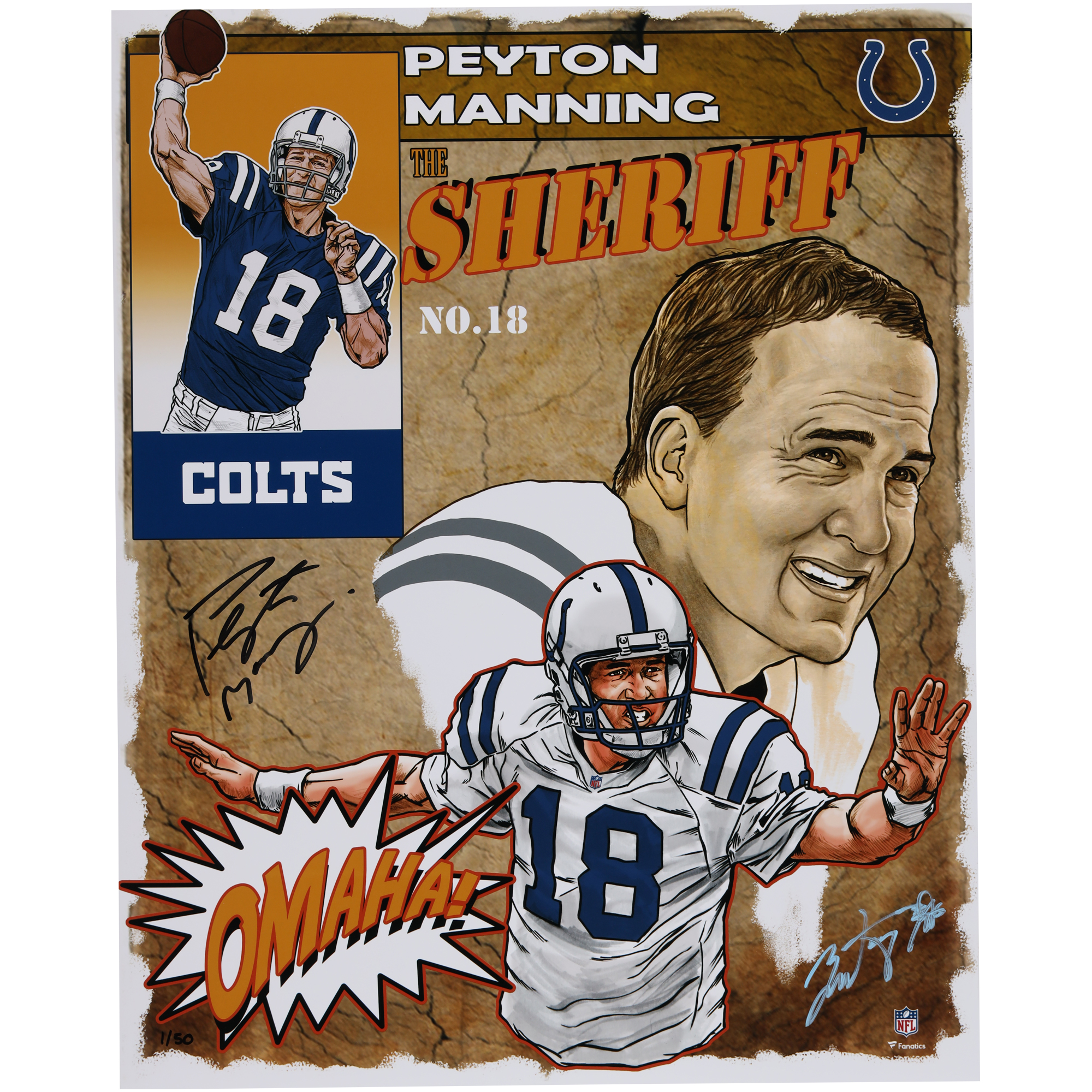 Peyton Manning Indianapolis Colts Autographed 16" x 20" Photo Print - Art by Brian Kong - Limited Edition of 50