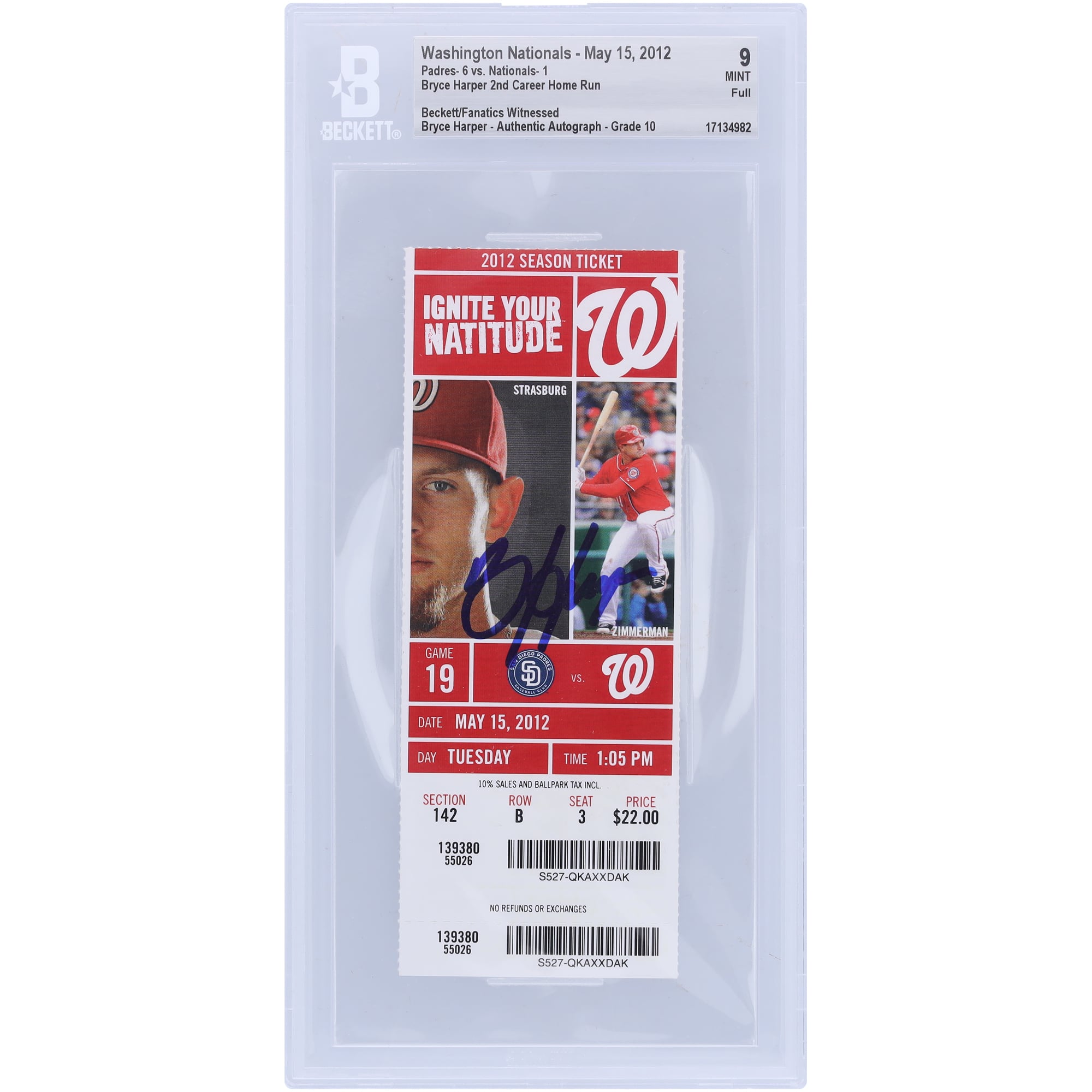 Bryce Harper Washington Nationals Autographed Beckett Fanatics Witnessed Authenticated 9/10 Ticket from May 15, 2012 – 2nd Career Home Run Bryce Harper Washington Nationals Autographed Beckett Fanatics Witnessed Authenticated 9/10 Ticket from May 15, 2012 – 2nd Career Home Run