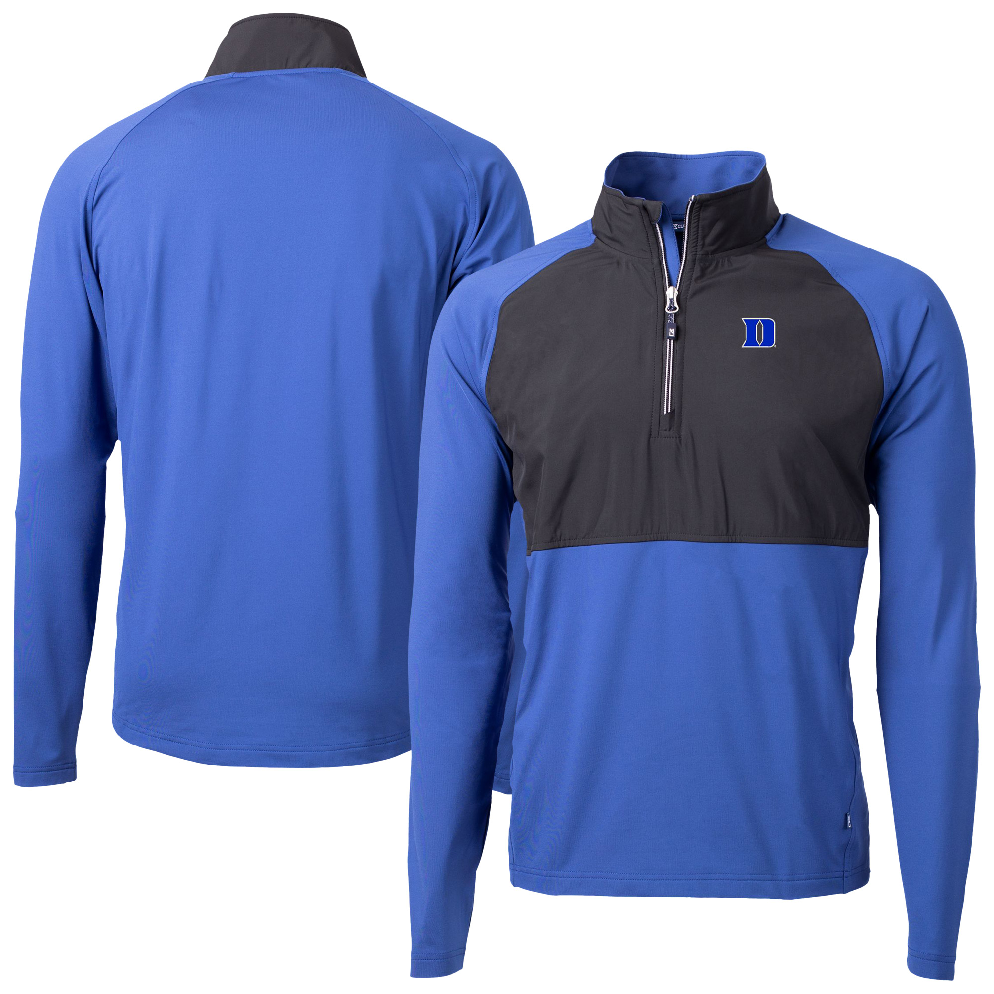 Men's Cutter & Buck Royal/Black Duke Blue Devils Adapt Eco Knit Hybrid Recycled Raglan DryTec Quarter-Zip Jacket