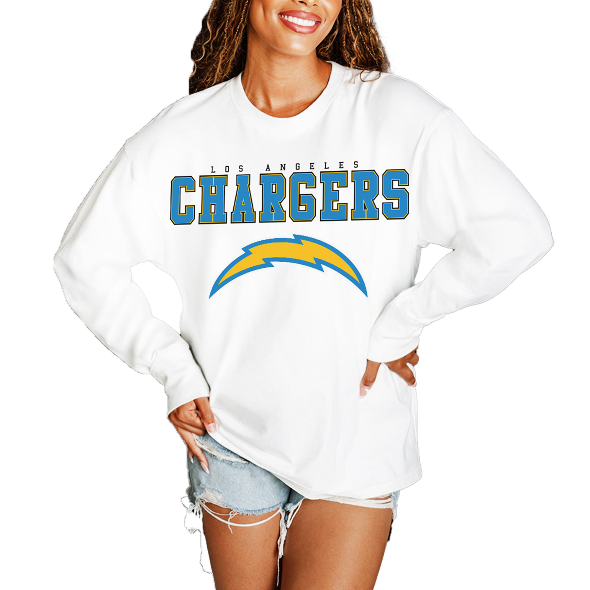 Women's Gameday Couture  White Los Angeles Chargers Big Goals Oversized Long Sleeve T-Shirt