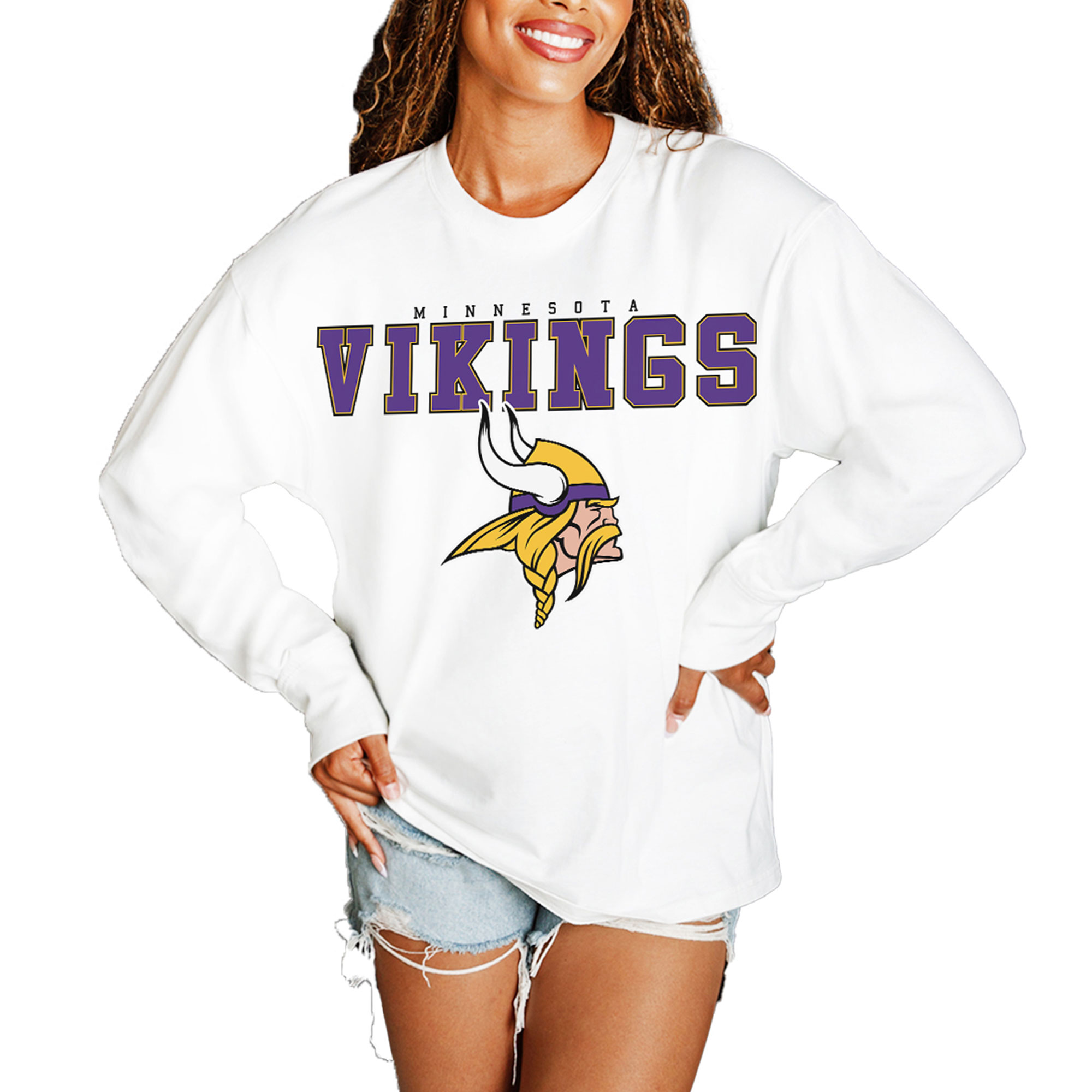 Women's Gameday Couture White Minnesota Vikings Big Goals Oversized Long Sleeve T-Shirt