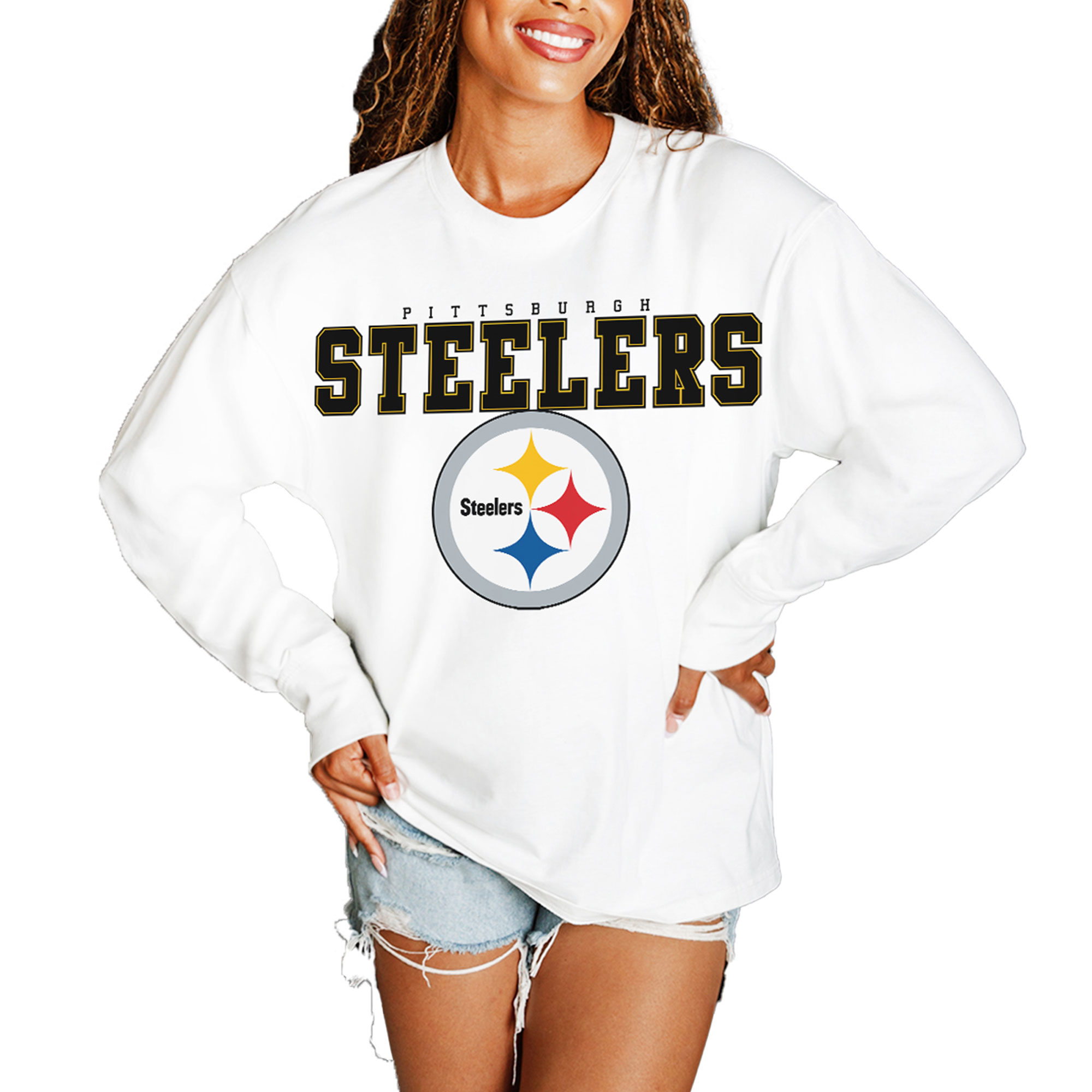 Women's Gameday Couture White Pittsburgh Steelers Big Goals Oversized Long Sleeve T-Shirt