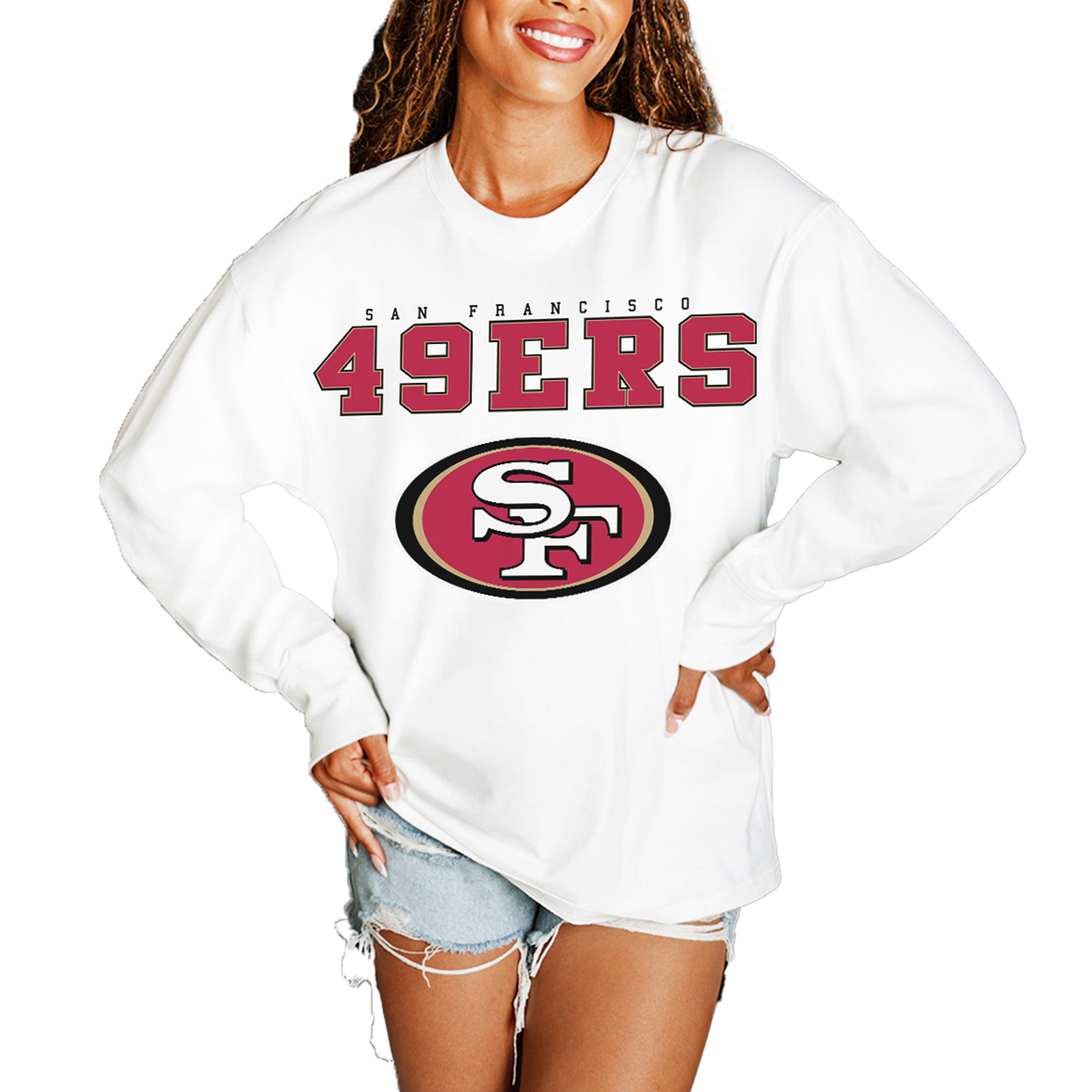 Women's Gameday Couture White San Francisco 49ers Big Goals Oversized Long Sleeve T-Shirt