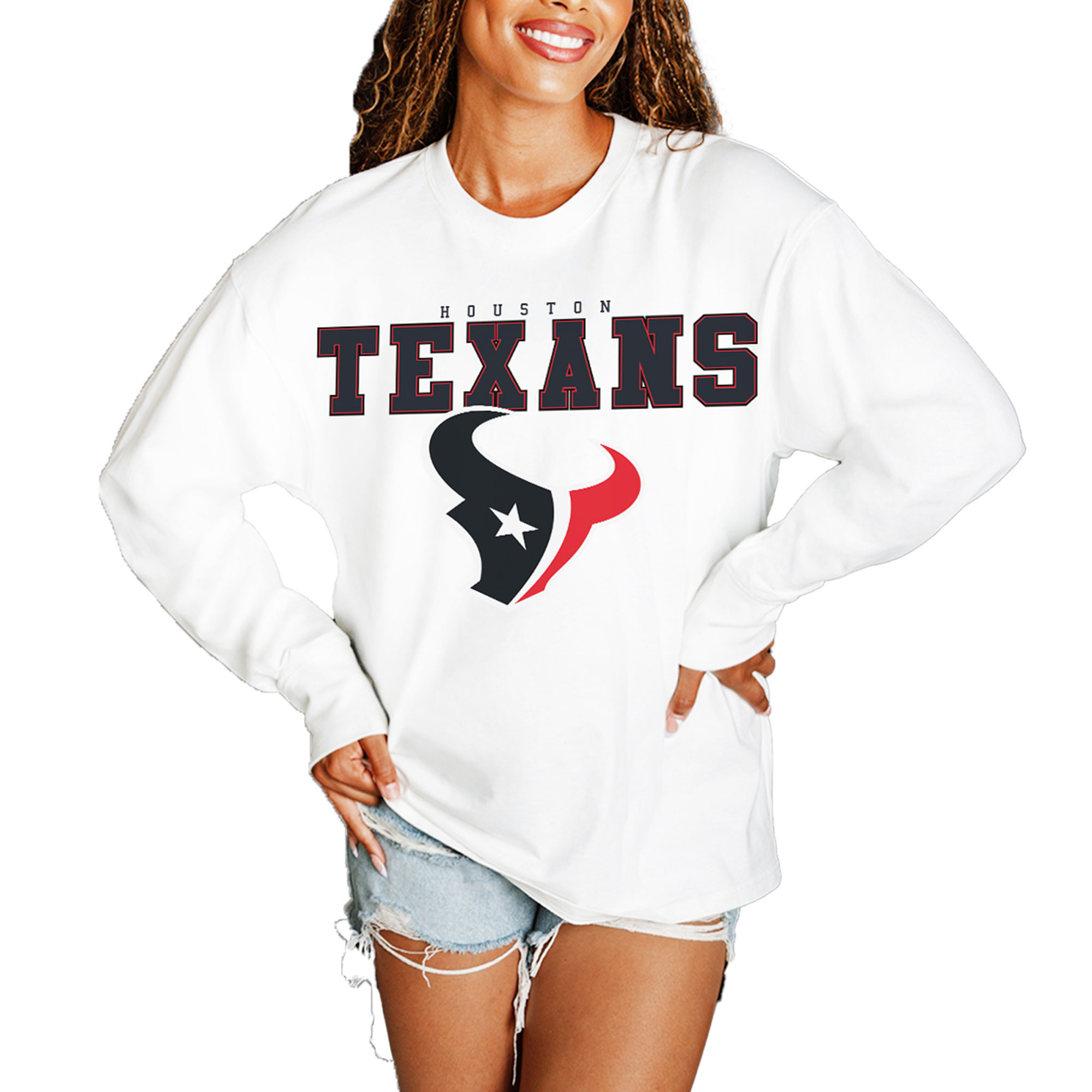 Women's Gameday Couture White Houston Texans Big Goals Oversized Long Sleeve T-Shirt