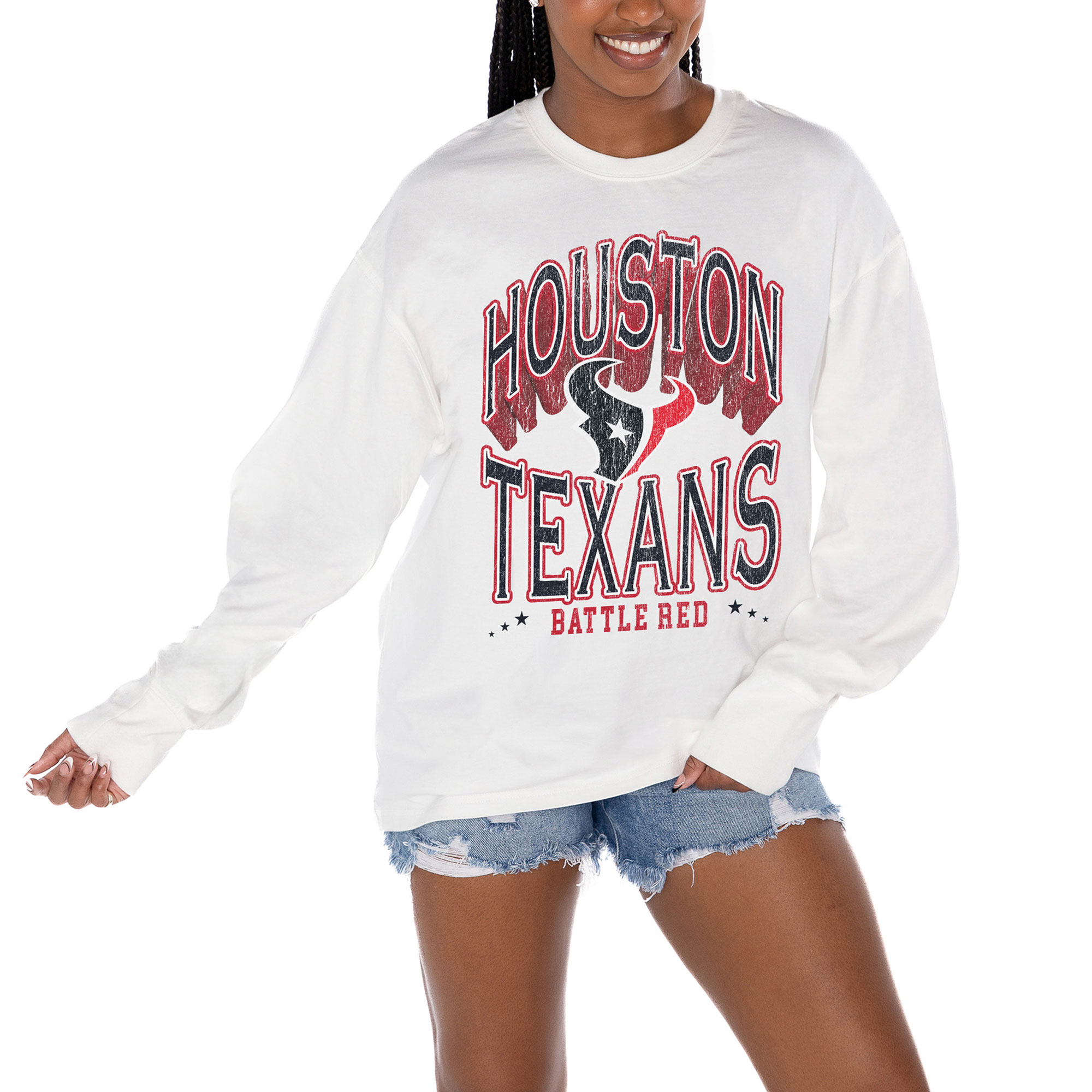 Women's Gameday Couture White Houston Texans Time Out Oversized Long Sleeve T-Shirt