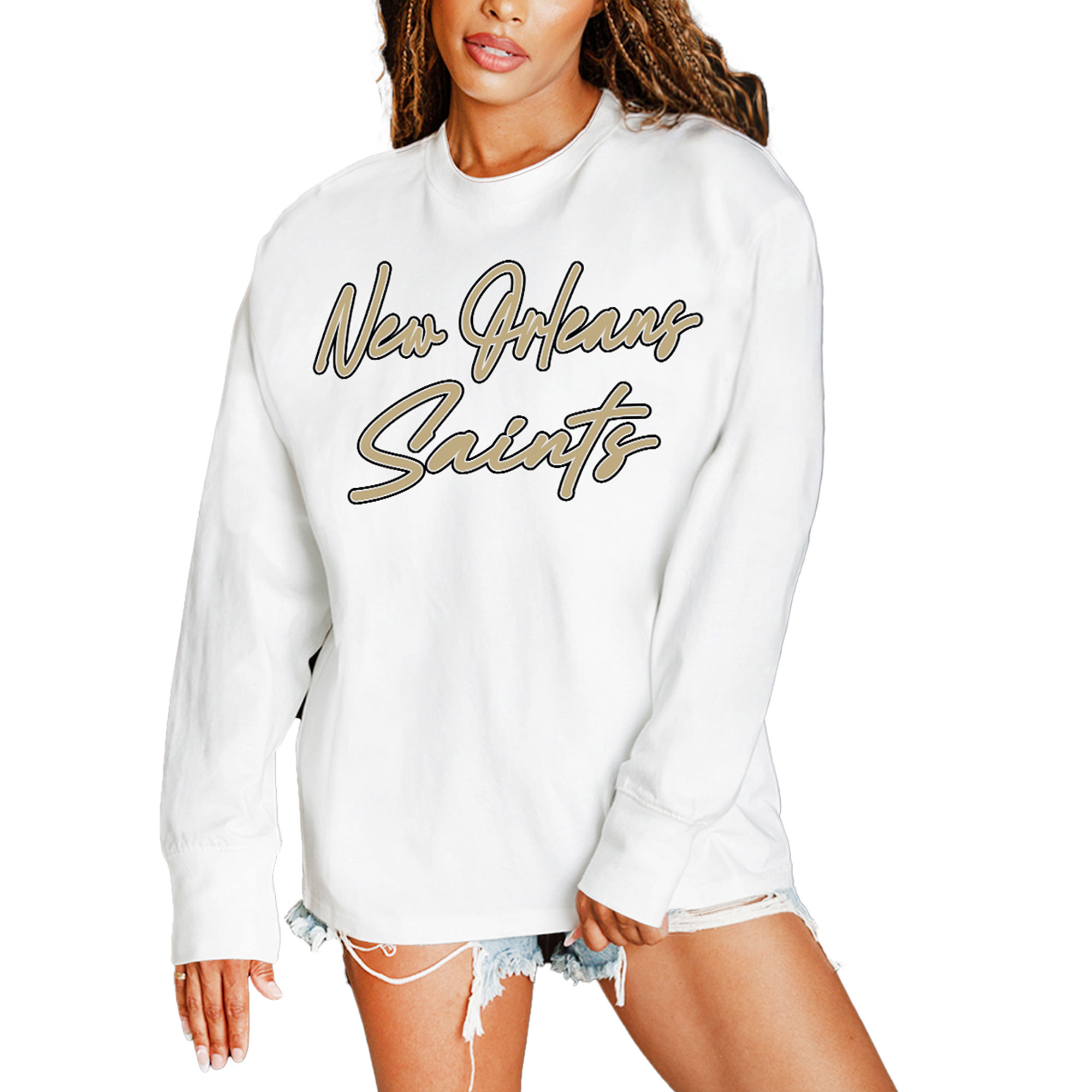 Women's Gameday Couture White New Orleans Saints Classic Comeback Oversized Long Sleeve T-Shirt