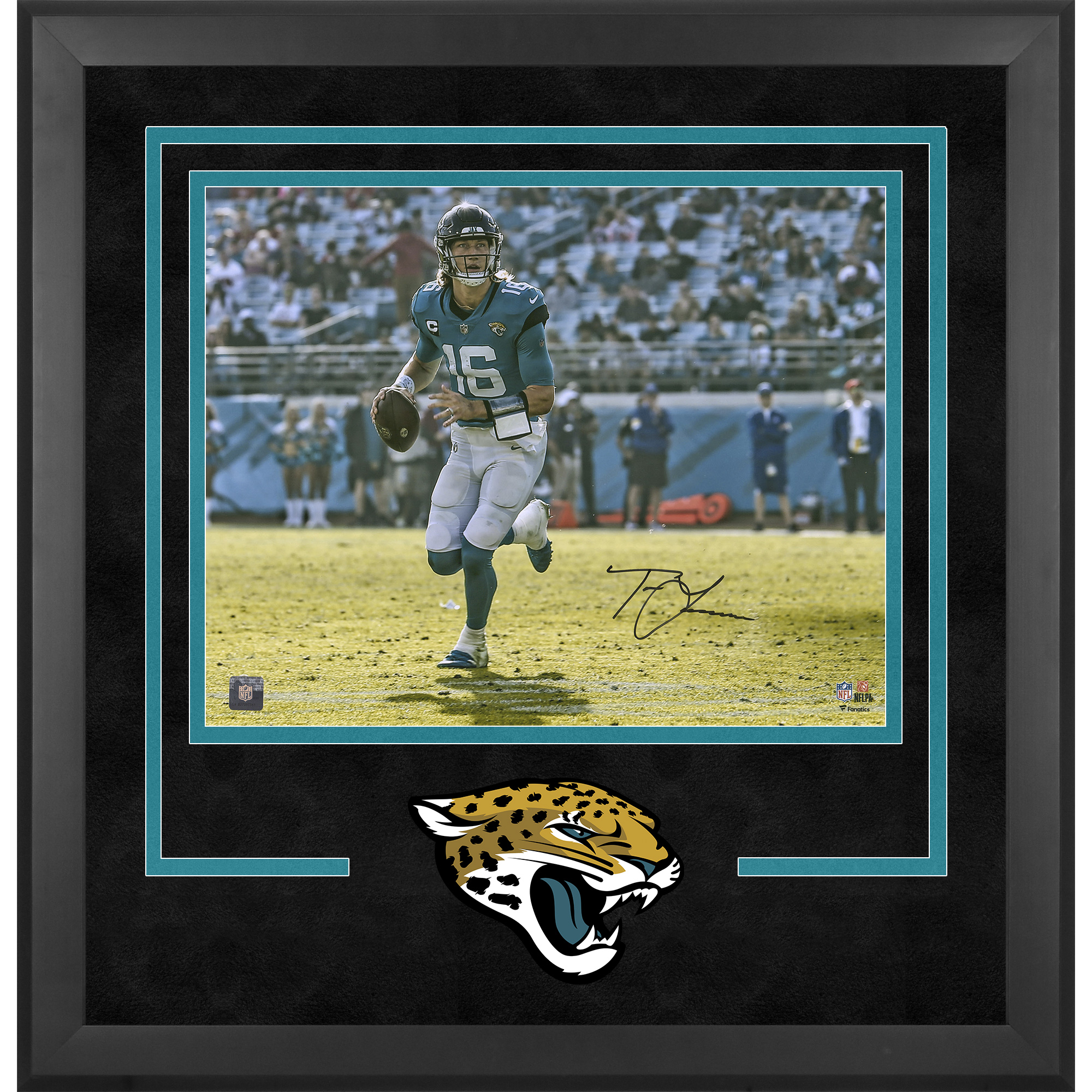 Trevor Lawrence Jacksonville Jaguars Autographed Deluxe Framed 16" x 20" Horizontal Teal Jersey Rollout Photograph