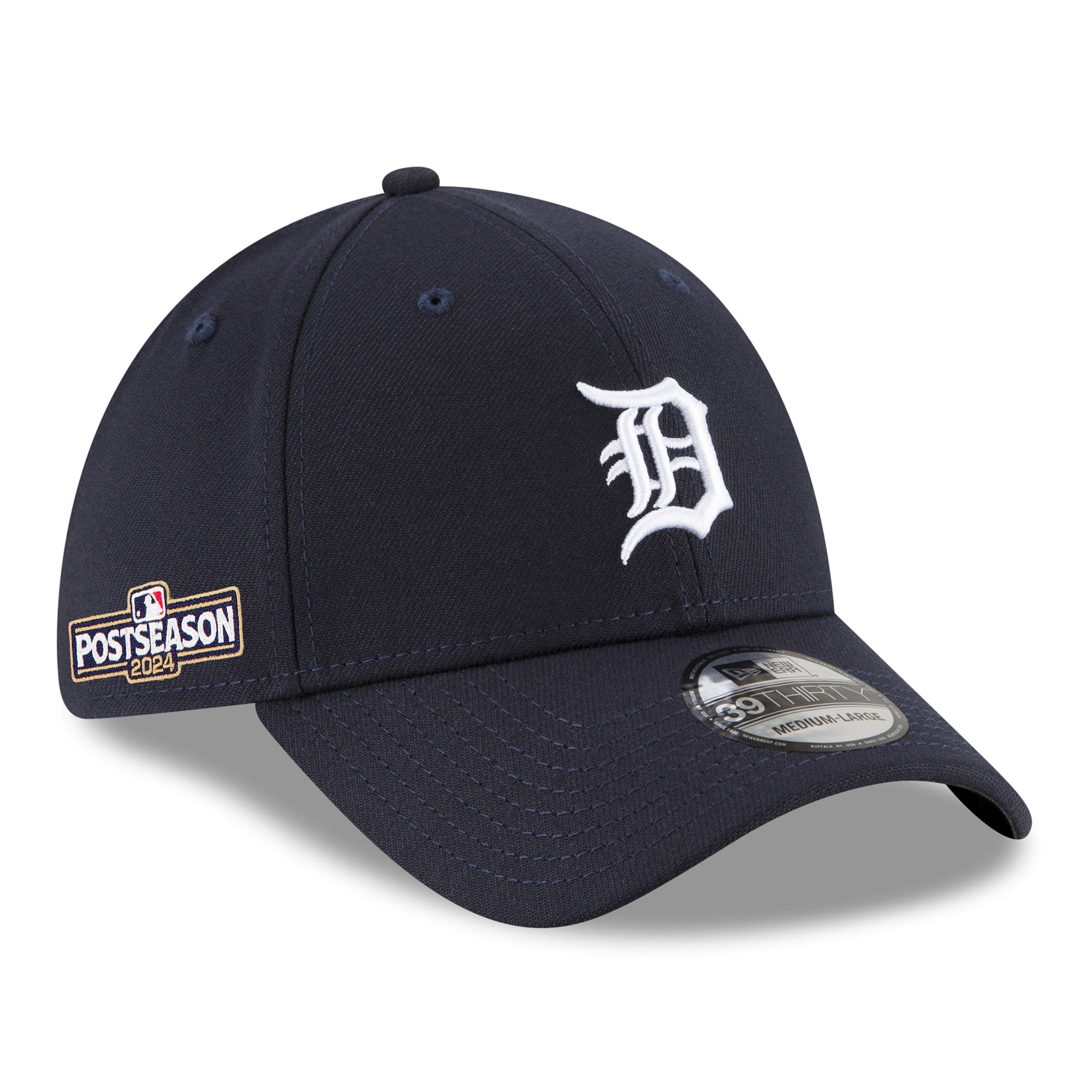 Men's New Era Navy Detroit Tigers 2024 MLB Postseason Side Patch 39THIRTY Flex Hat: retailer-supplied image