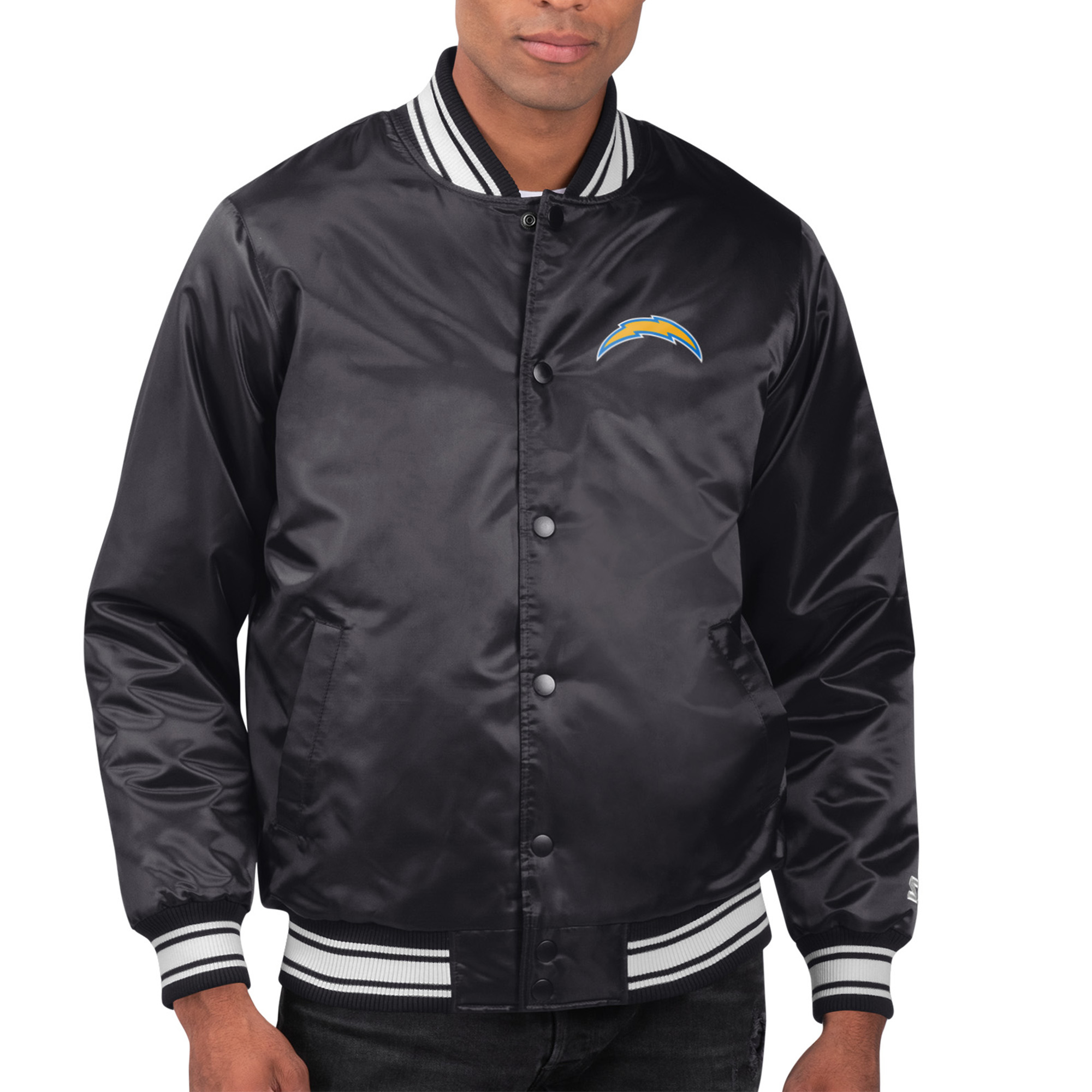 Starter Men's Black Los Angeles Chargers Printed Team Logo Satin Varsity Full-Snap Jacket - Black