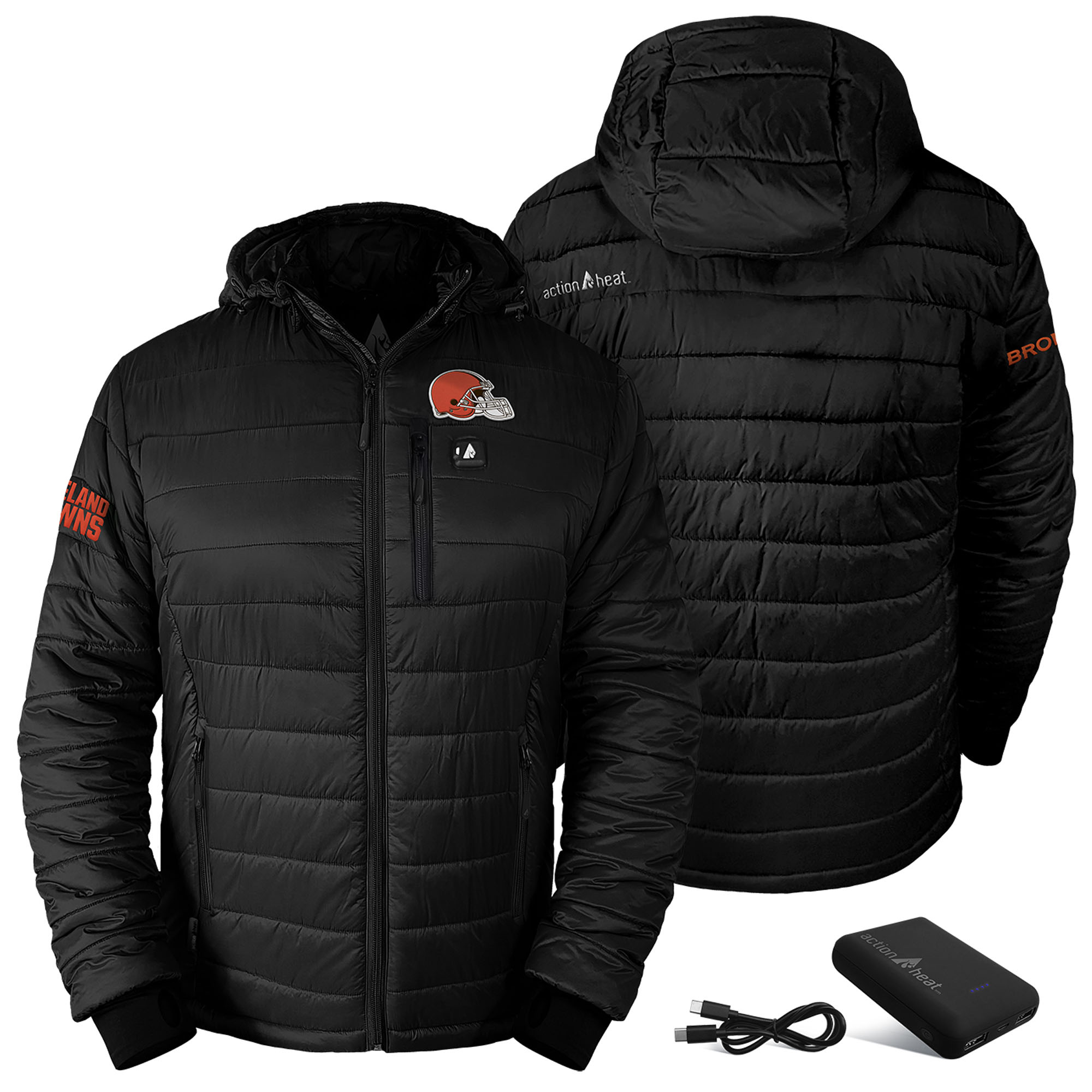 Men’s ActionHeat Black Cleveland Browns 5V Battery Heated Insulated Puffer Full-Zip Hoodie Jacket Men’s ActionHeat Black Cleveland Browns 5V Battery Heated Insulated Puffer Full-Zip Hoodie Jacket