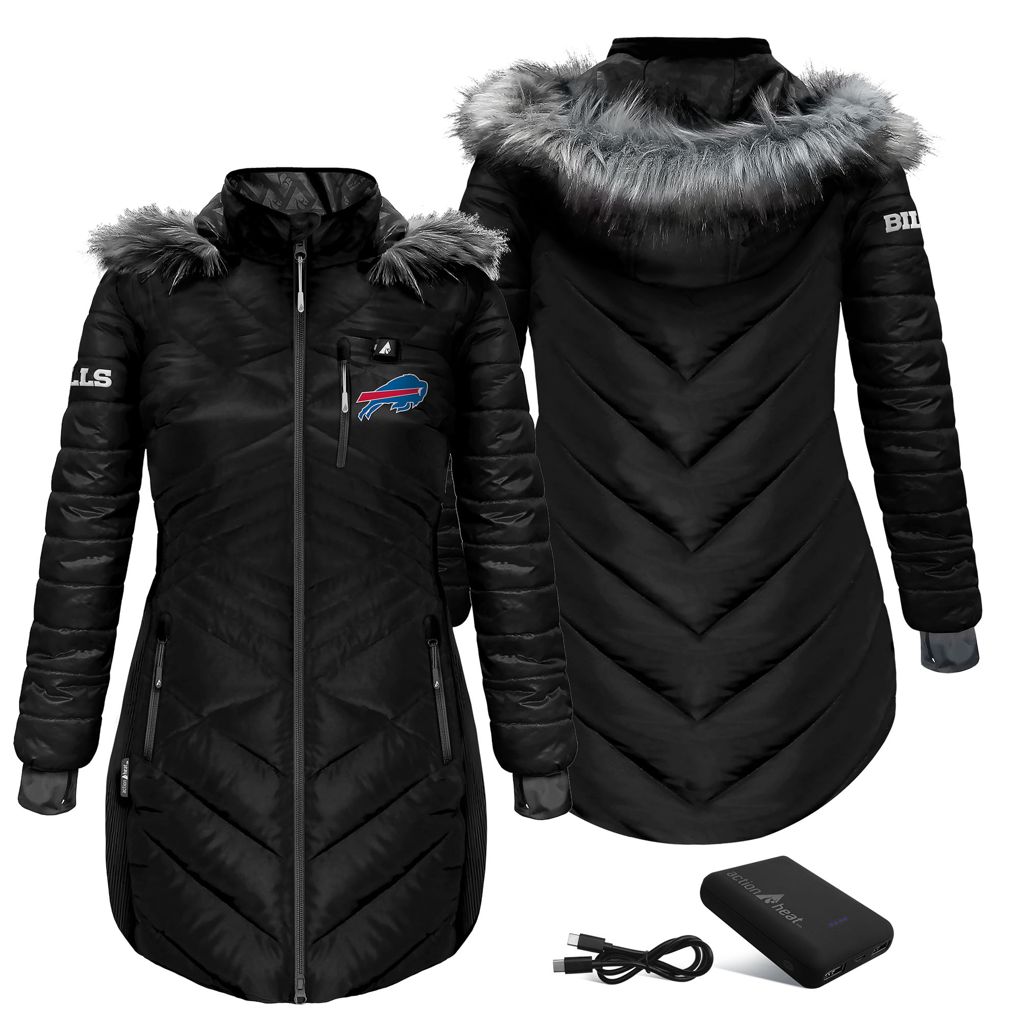 Women's ActionHeat Black Buffalo Bills 5V Battery Heated Long Puffer Jacket