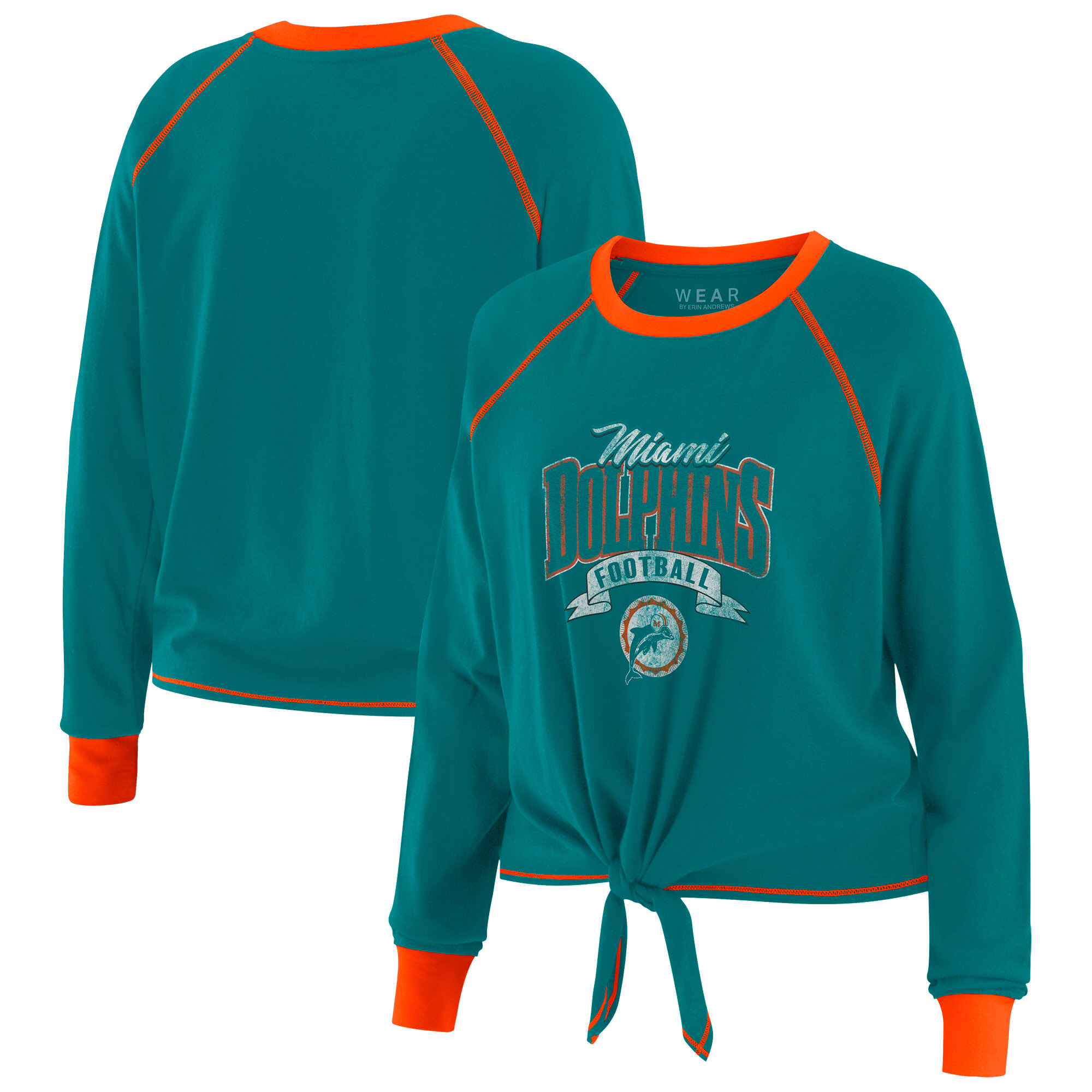 Women's WEAR by Erin Andrews Aqua/Orange Miami Dolphins Plus Size Tie-Front Long Sleeve Top