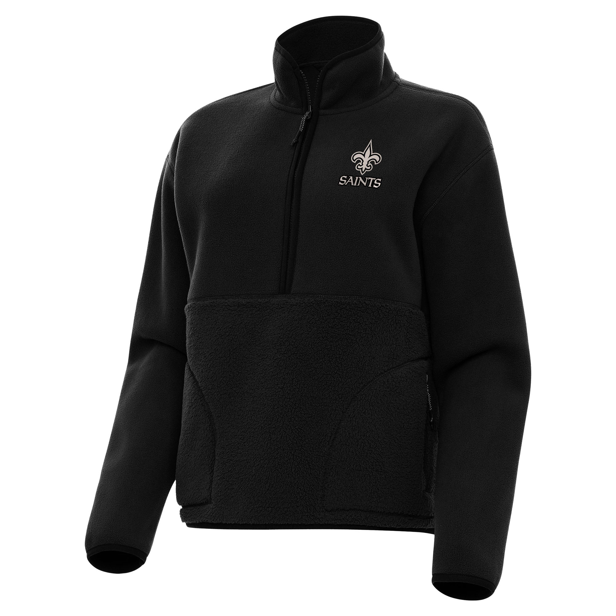 Women's Antigua Black New Orleans Saints Brushed Carbon Figure Half-Zip Pullover Sweatshirt
