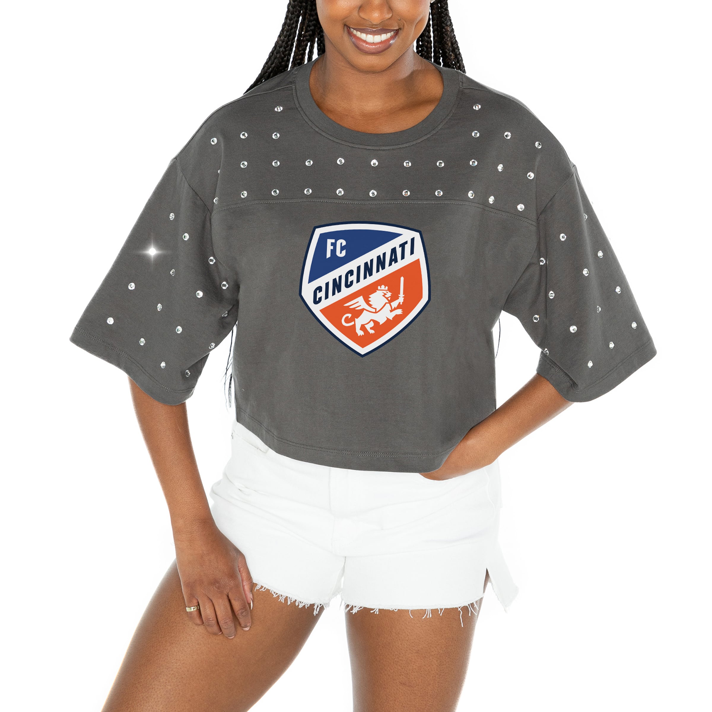 Women's Gameday Couture Gray FC Cincinnati Making Moves Rhinestone Cropped Oversized Half Sleeve T-Shirt