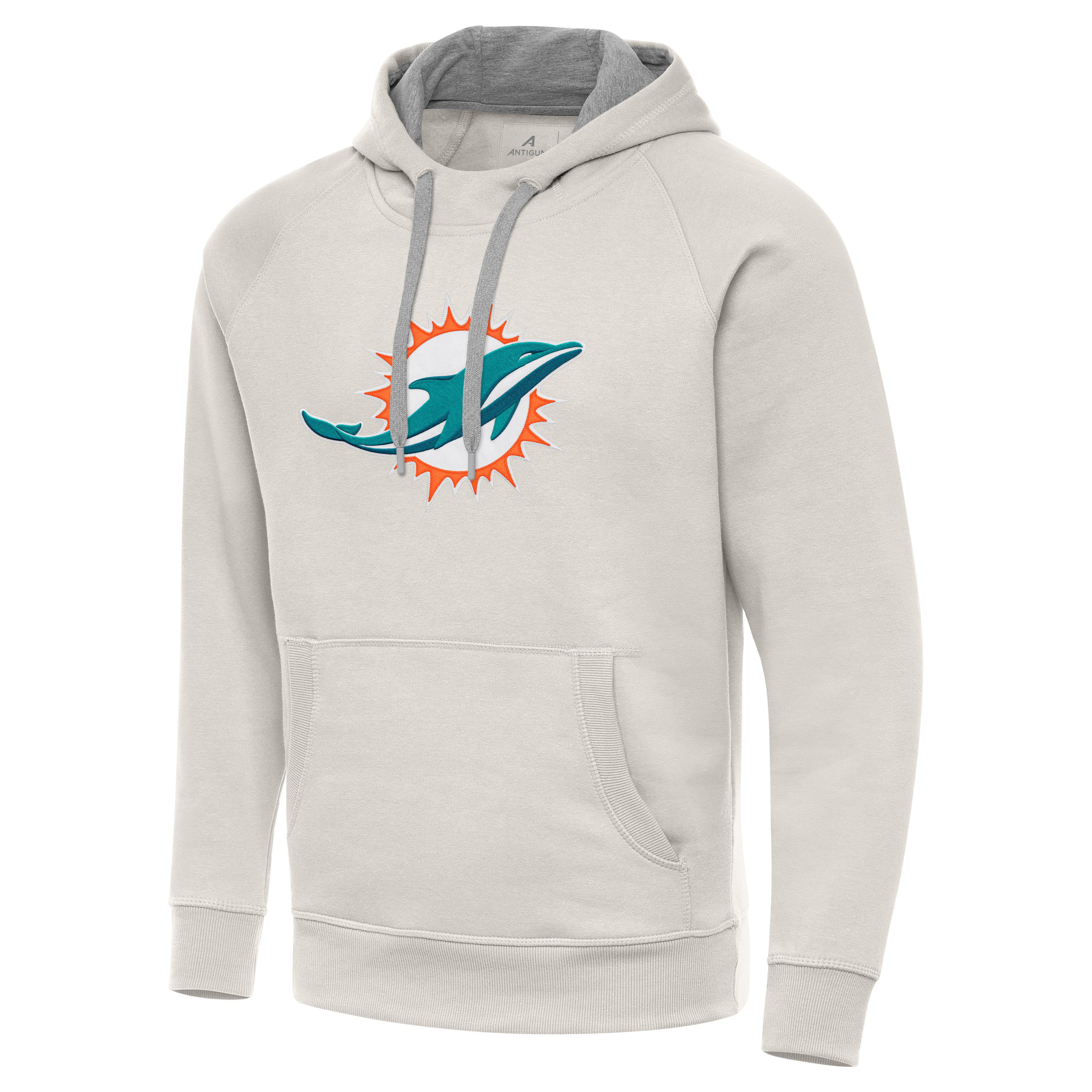 Men's Antigua Cream Miami Dolphins Victory Raglan Pullover Hoodie