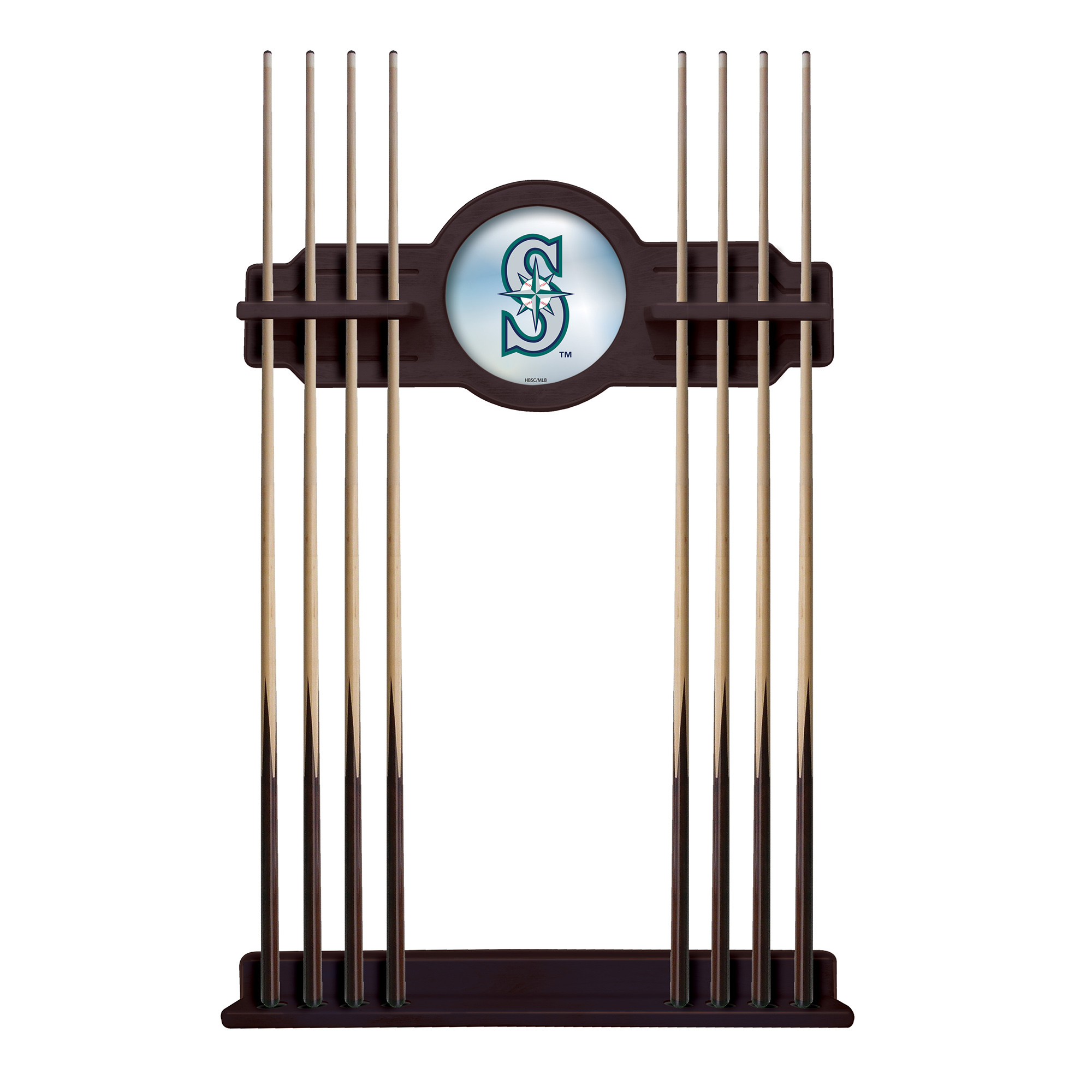 English Tudor Seattle Mariners Eight Stick Wood Pool Cue Rack